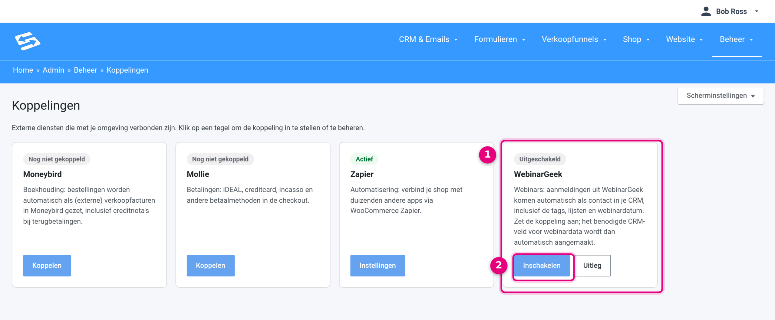 Integrations page with the WebinarGeek tile and the Enable button highlighted