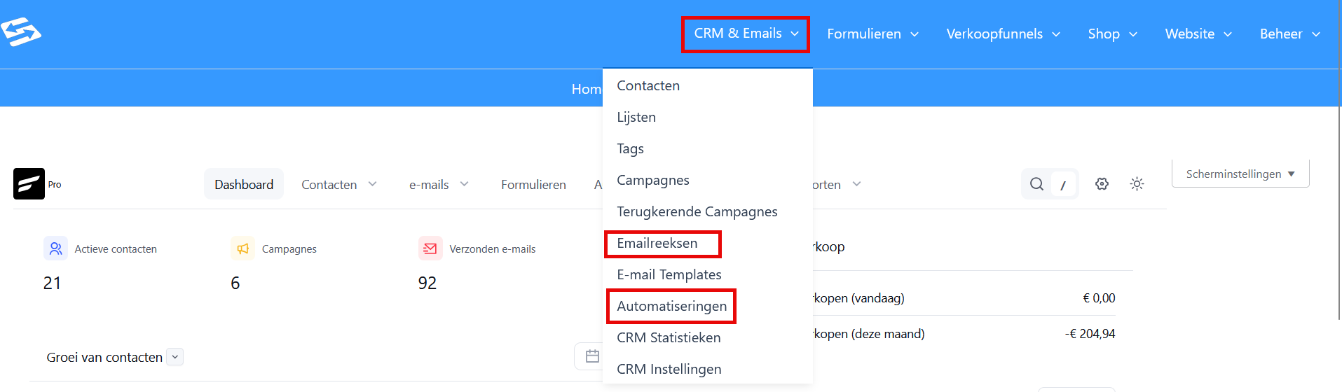 The email sequences and automations menu items in the CRM menu