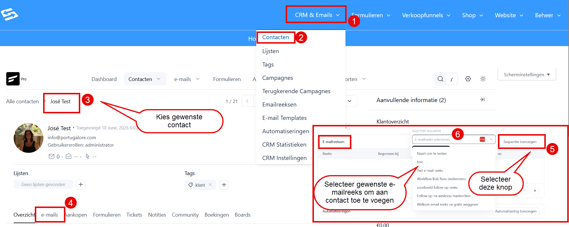 The Email sequences section in the Emails tab of a contact profile