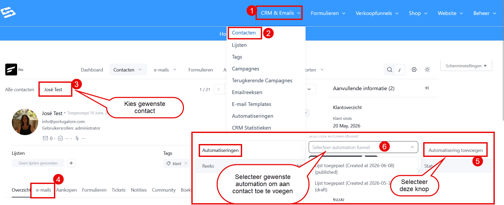 The Automations section in the Emails tab of a contact profile