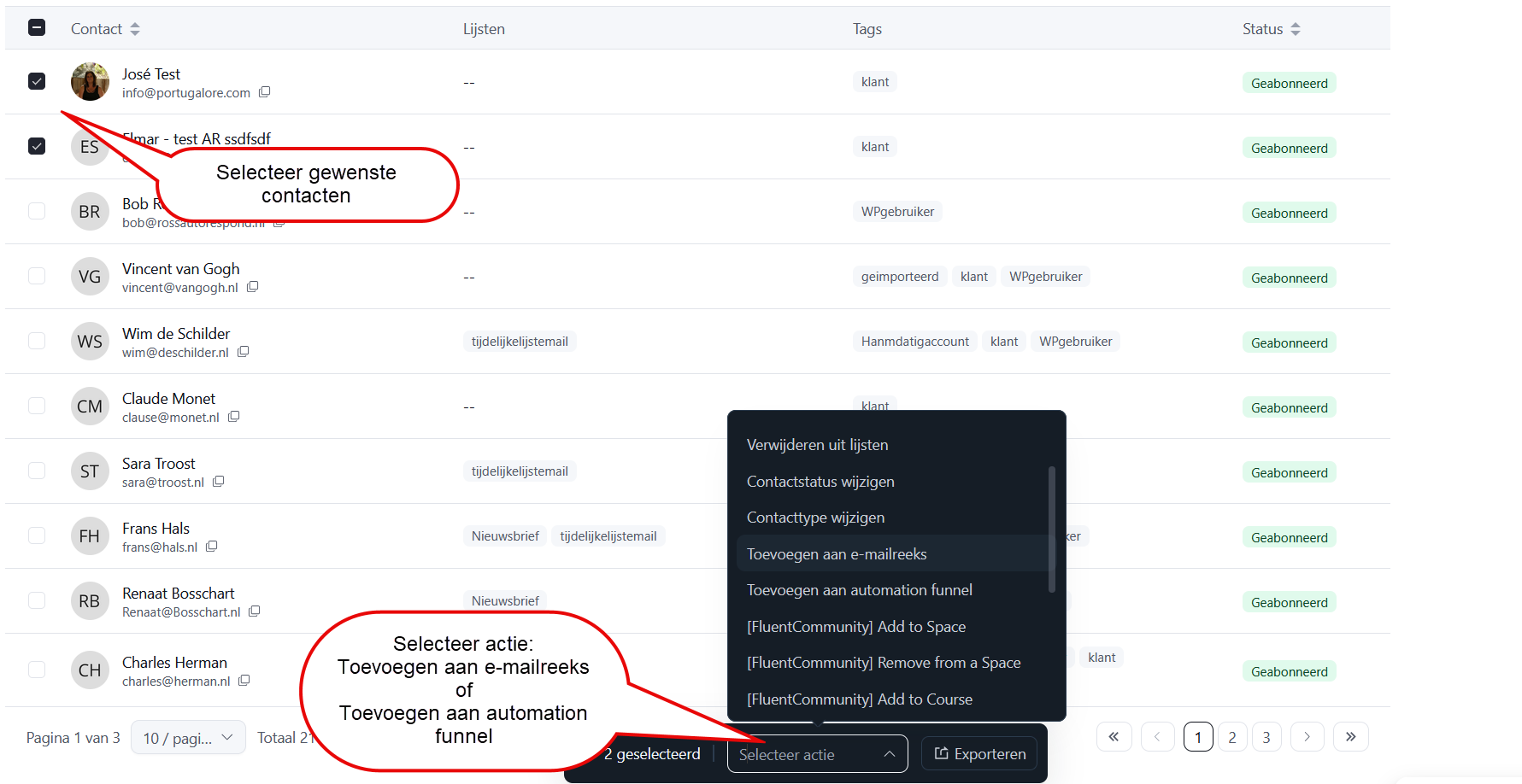 Adding selected contacts to a sequence with a bulk action