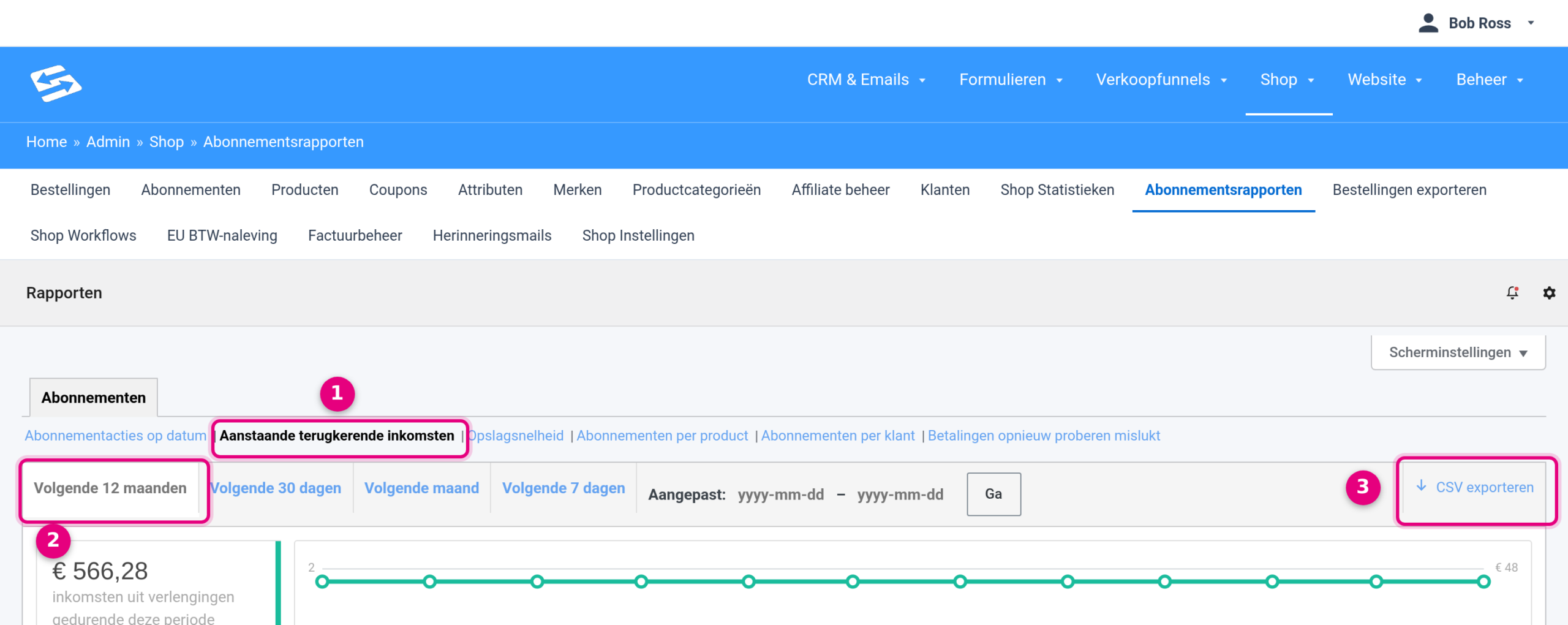 The Upcoming recurring revenue report with the period selection Next 12 months and the Export CSV button