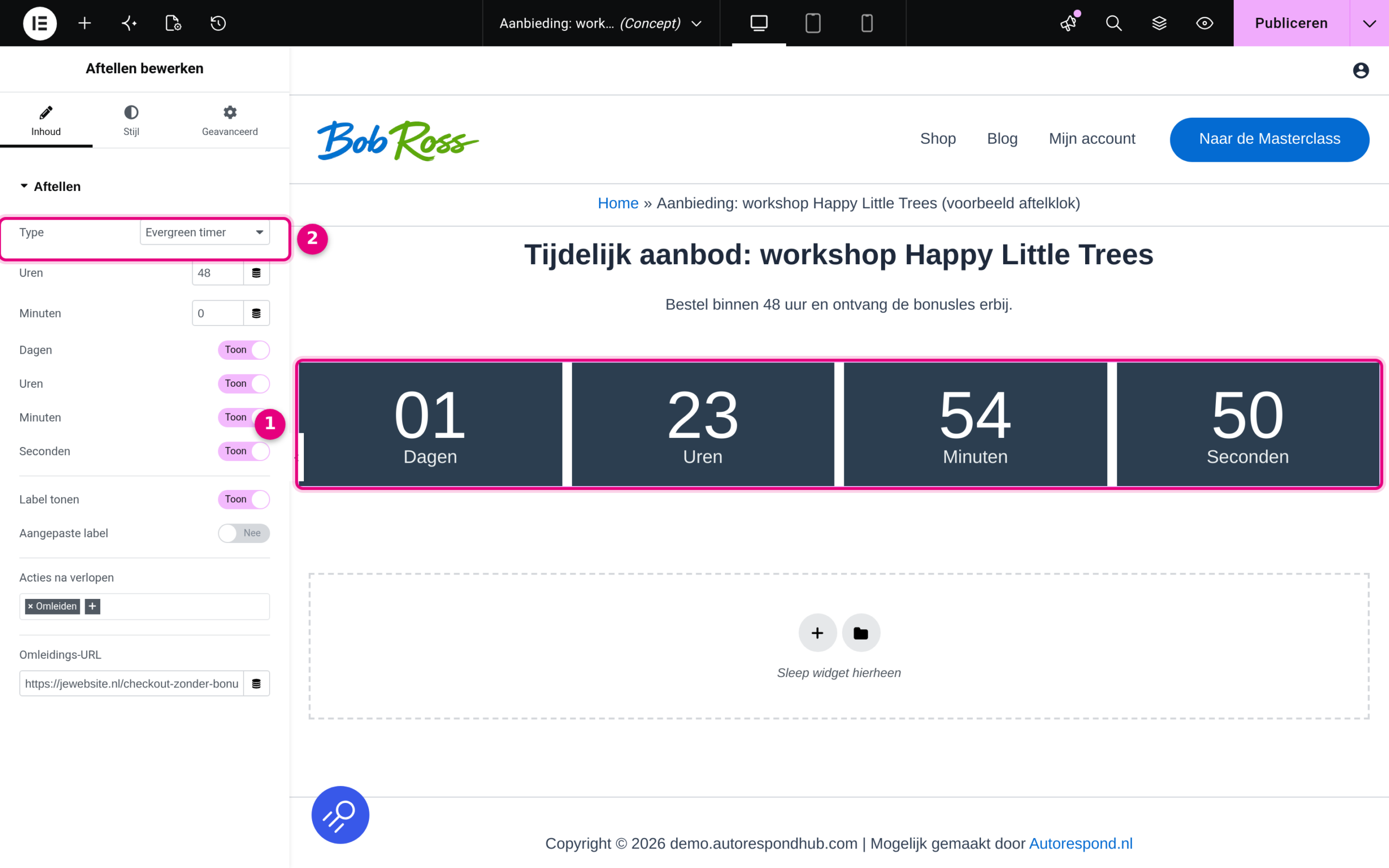 The Countdown widget on a page in the page builder