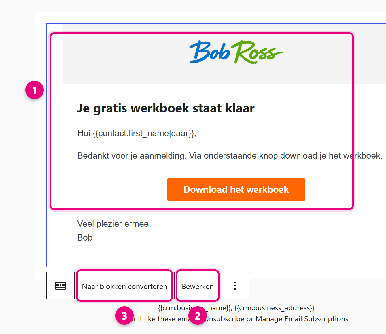 A migrated HTML email with the toolbar showing Convert to blocks and Edit