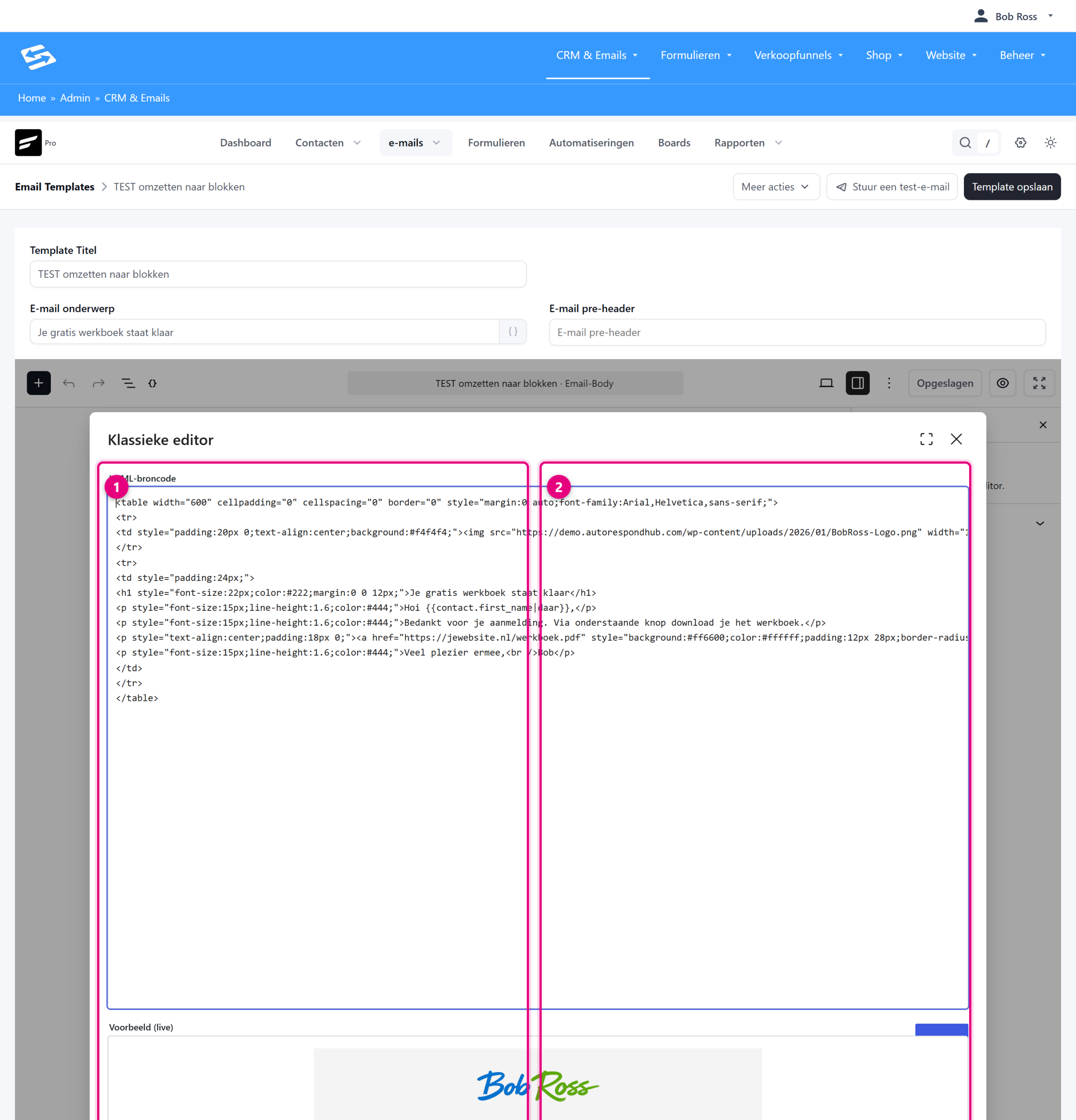 The edit window of an HTML email with the code on the left and a preview on the right