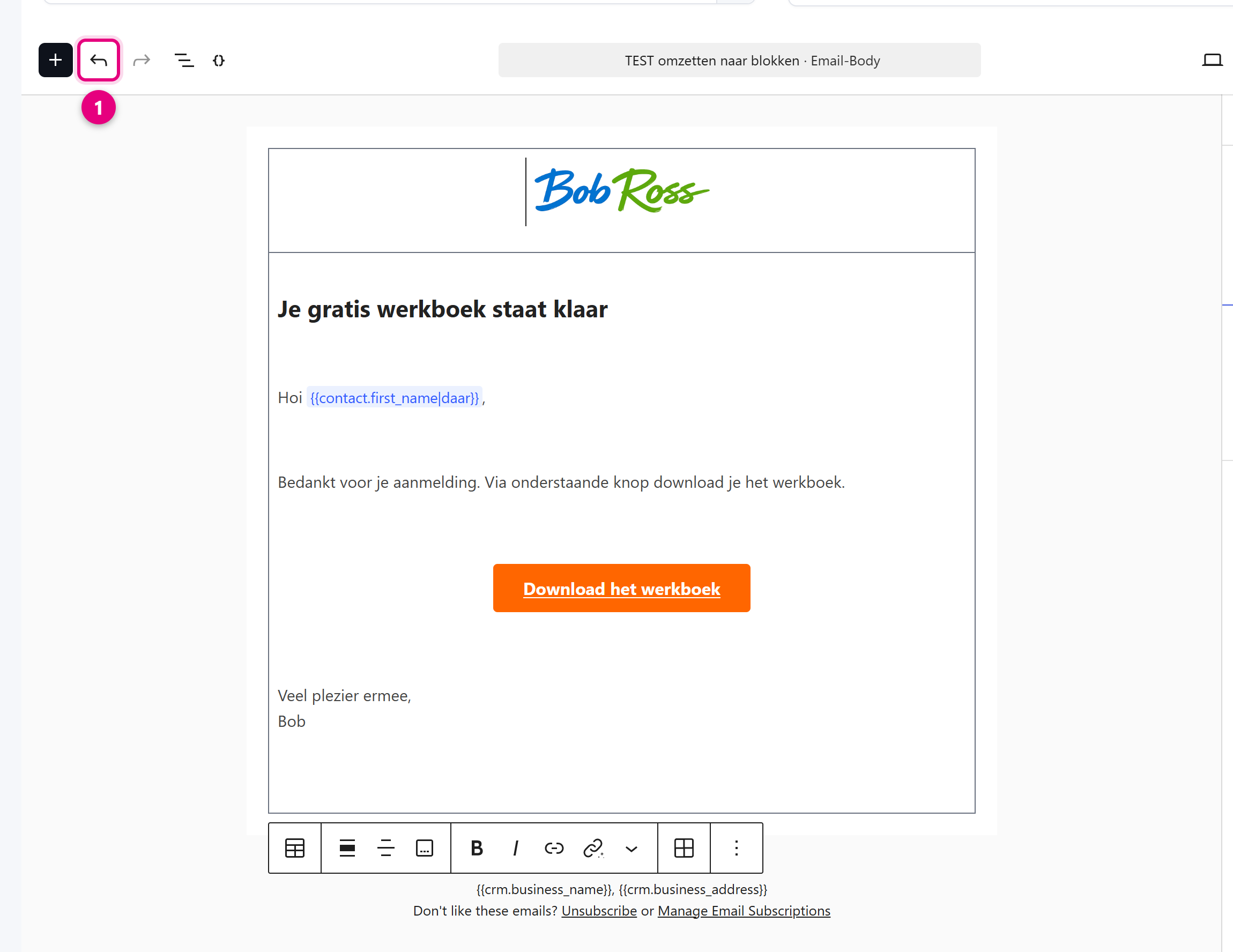 The same email after conversion to blocks, with visibly changed layout