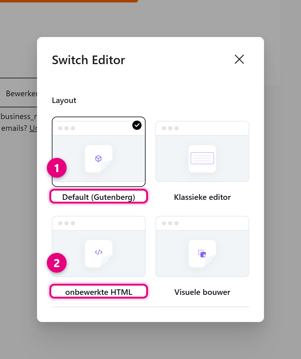 The Switch Editor window with the four available editors and a tick on the current choice