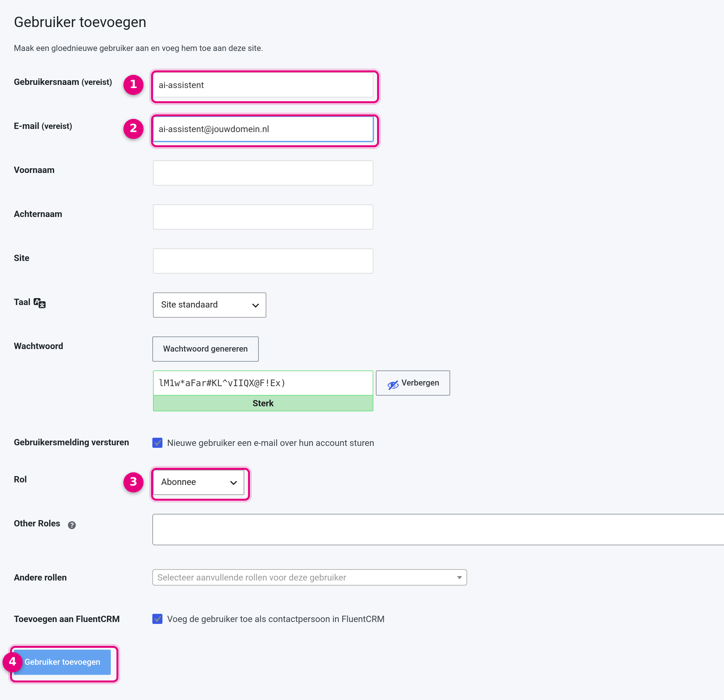 Creating a new user for your AI assistant with the Subscriber role