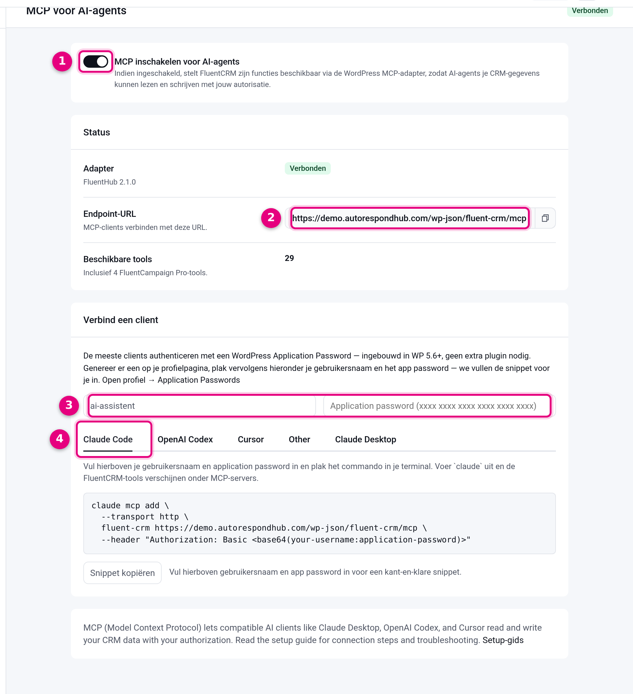 The MCP for AI agents page with the switch, endpoint URL and client choice