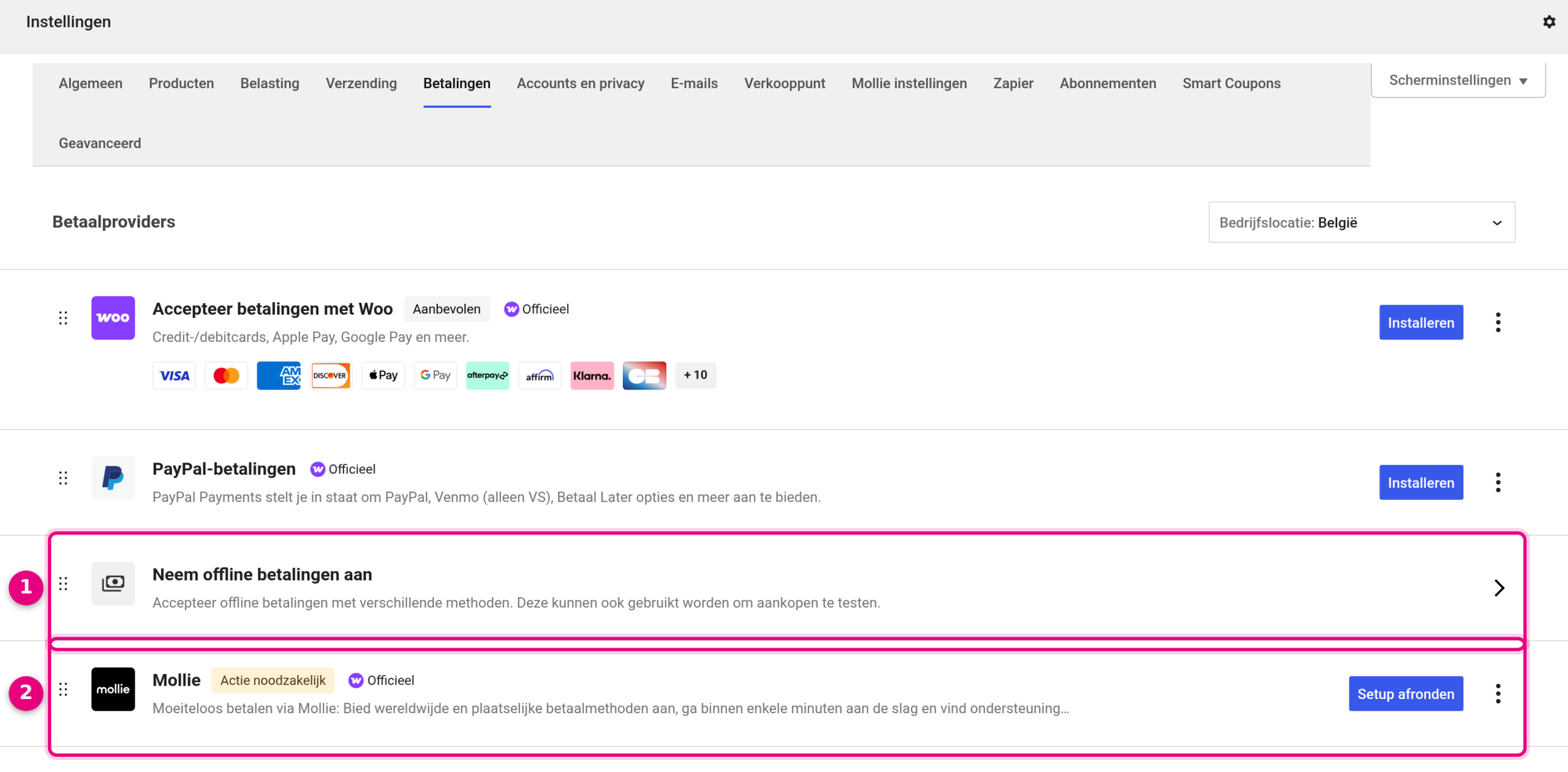 The Payments tab with the Take offline payments row and the Mollie integration