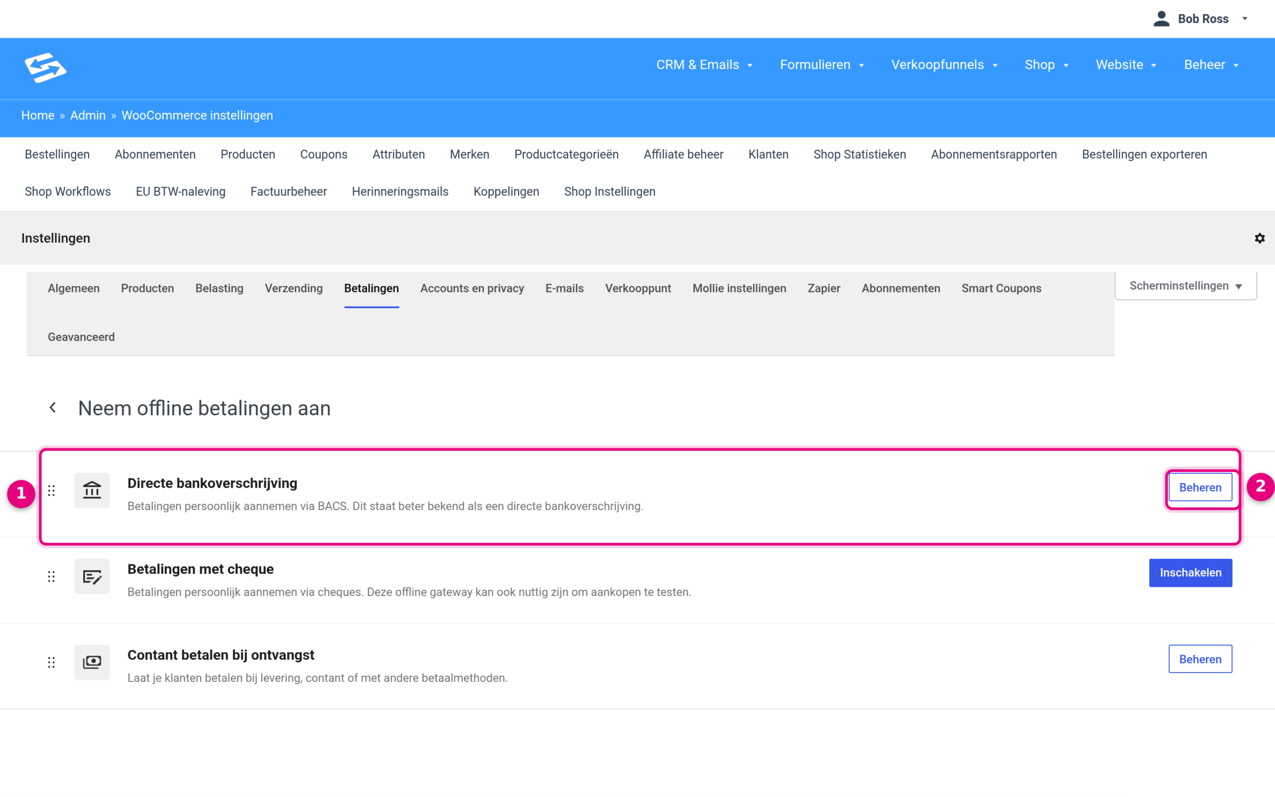 The offline payment methods with the Direct bank transfer row