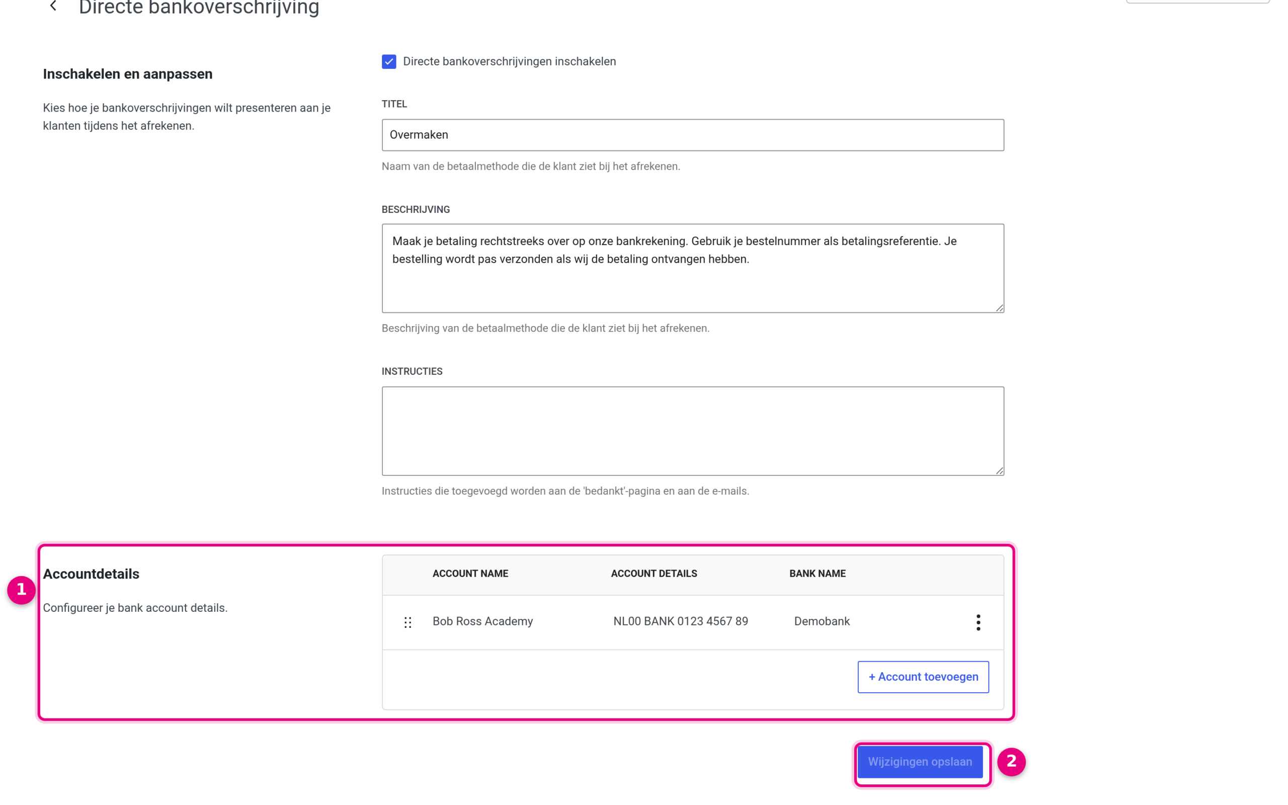 Filling in account details with your own IBAN at Direct bank transfer