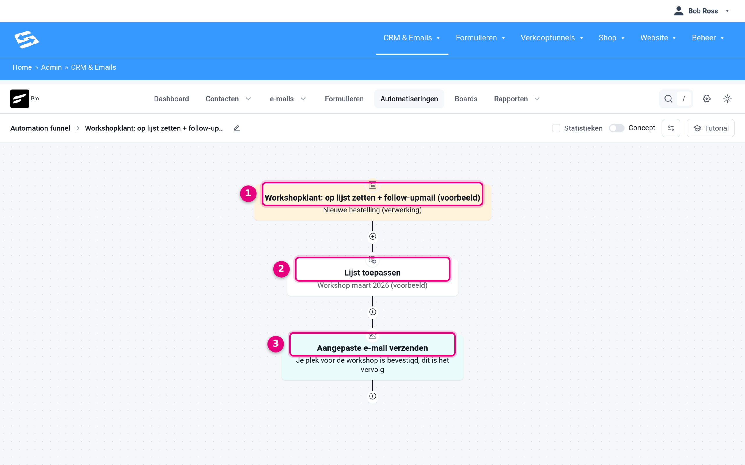 Automation with trigger, list step and email step below each other