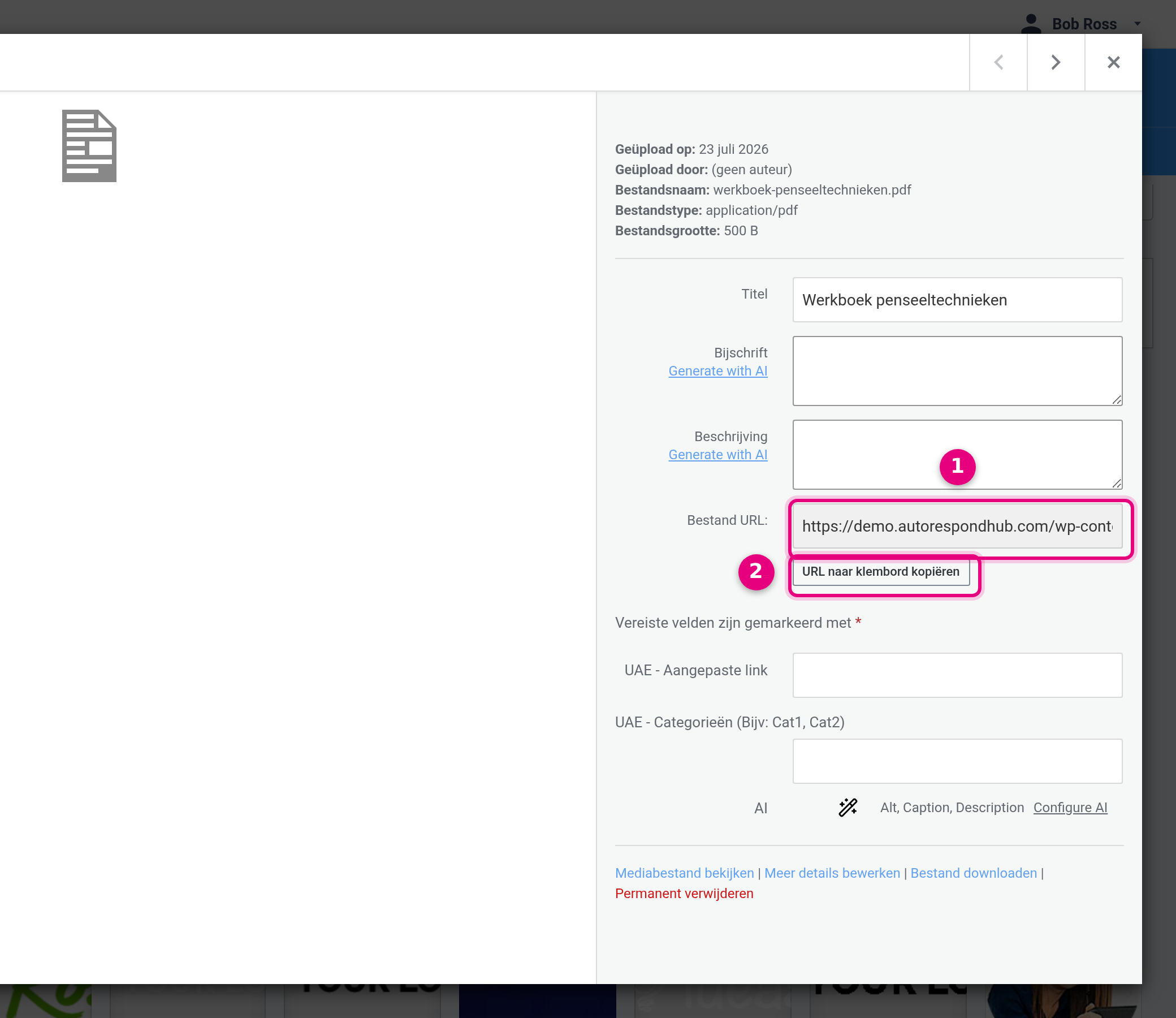 The Attachment details panel with the File URL field and the Copy URL to clipboard button