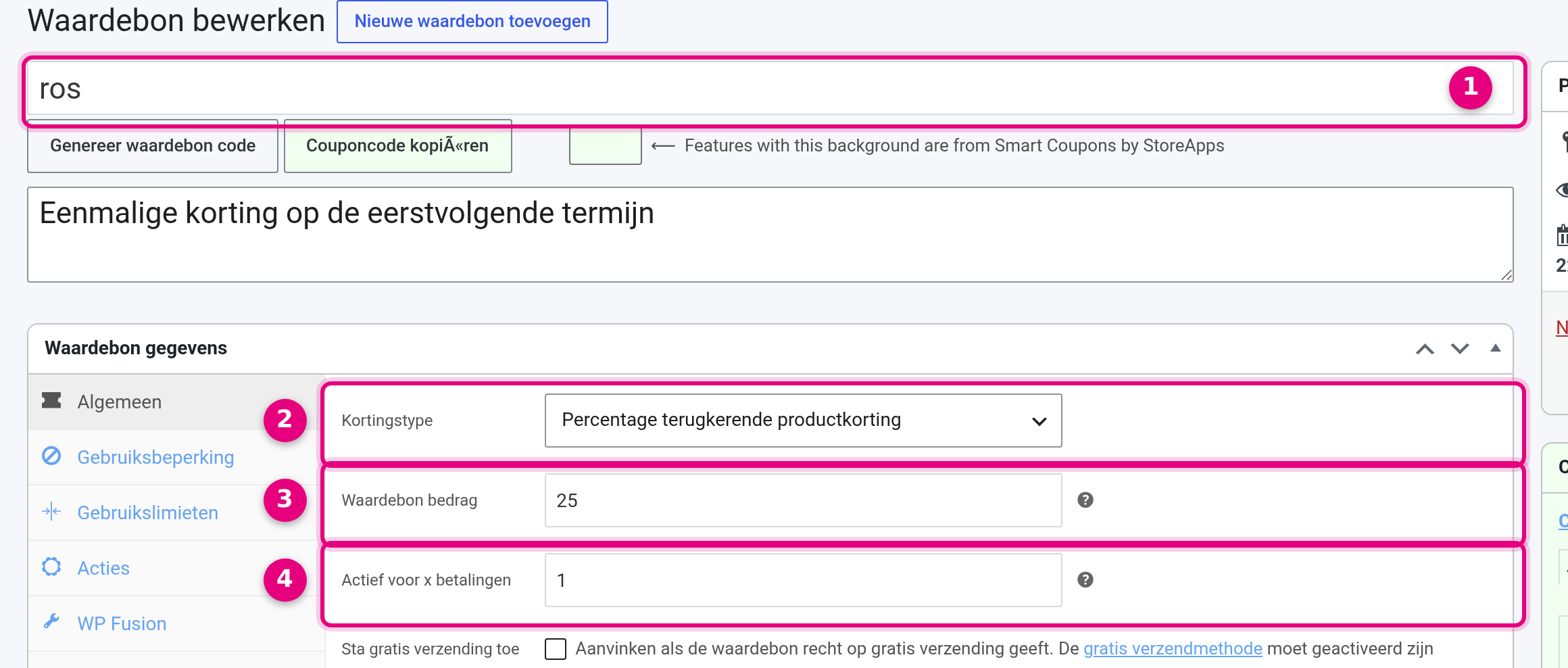 Coupon settings for a one-off discount on the next term