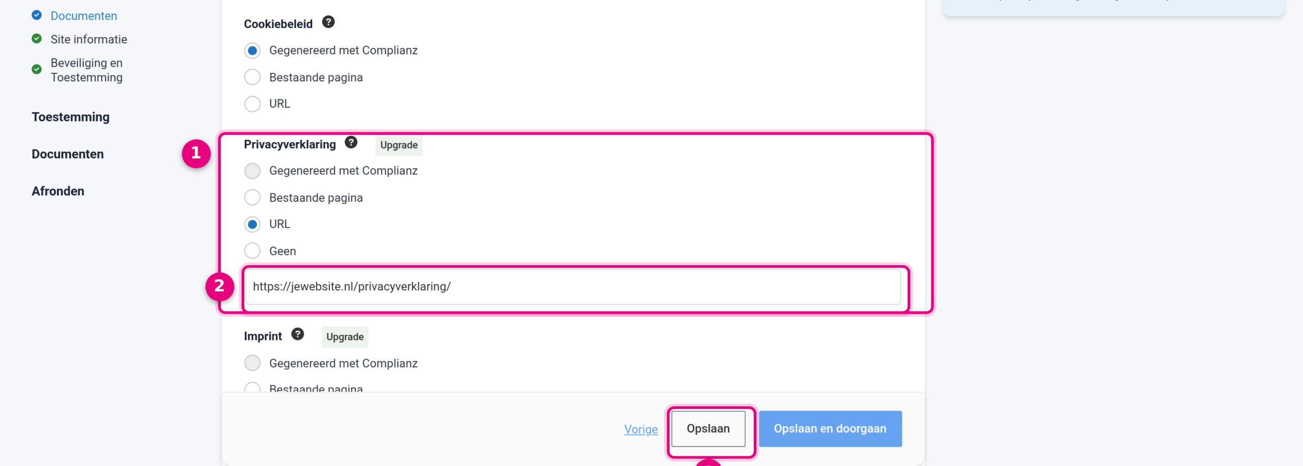 The Documents setting of the cookie banner with the URL option selected