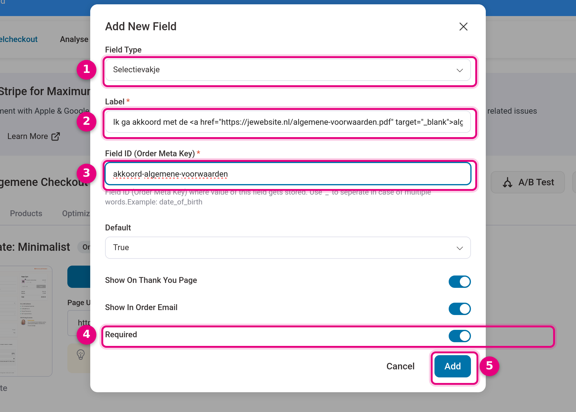 The Add New Field window with a checkbox and a link in the label