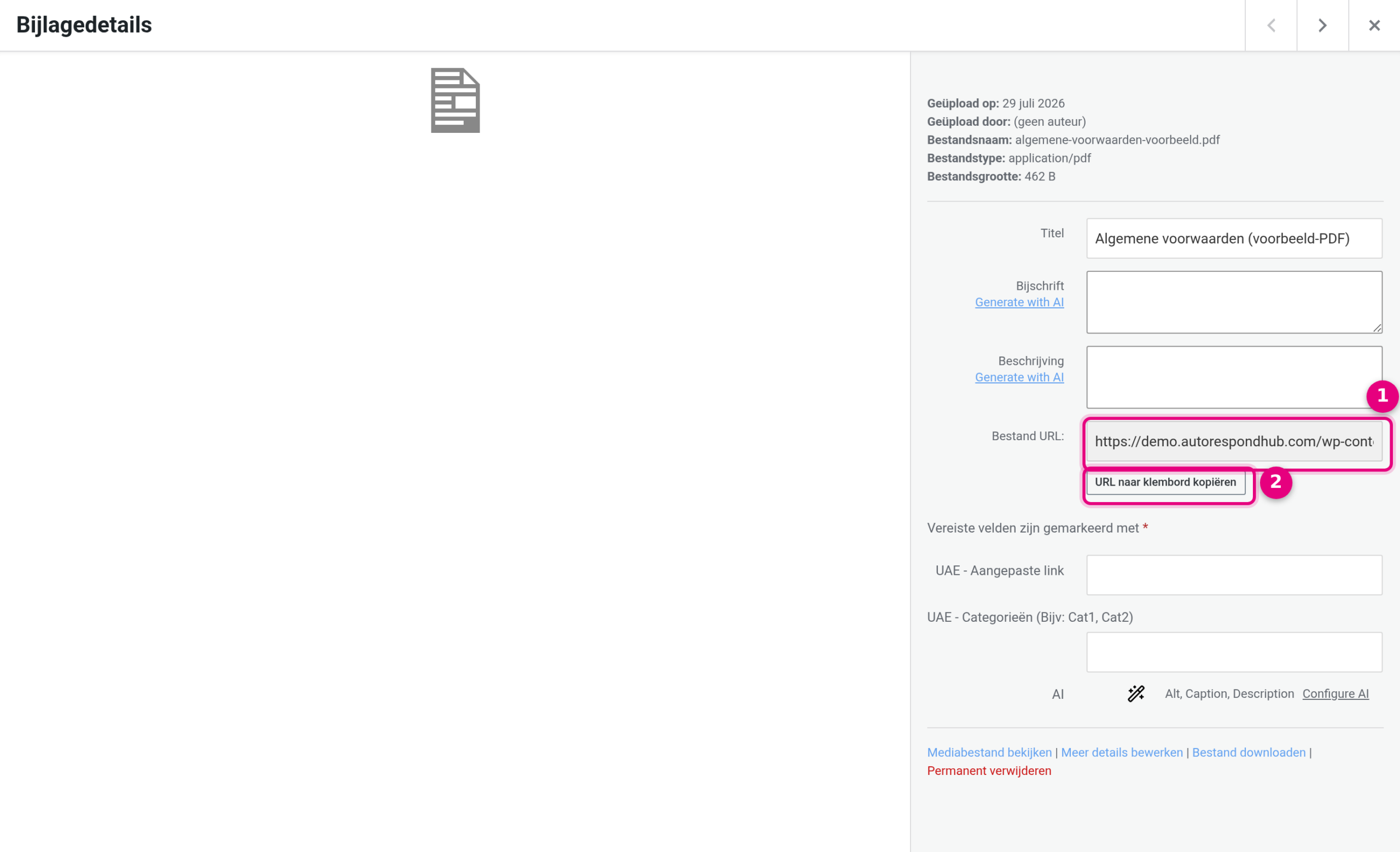 Attachment details of an uploaded PDF with the file URL