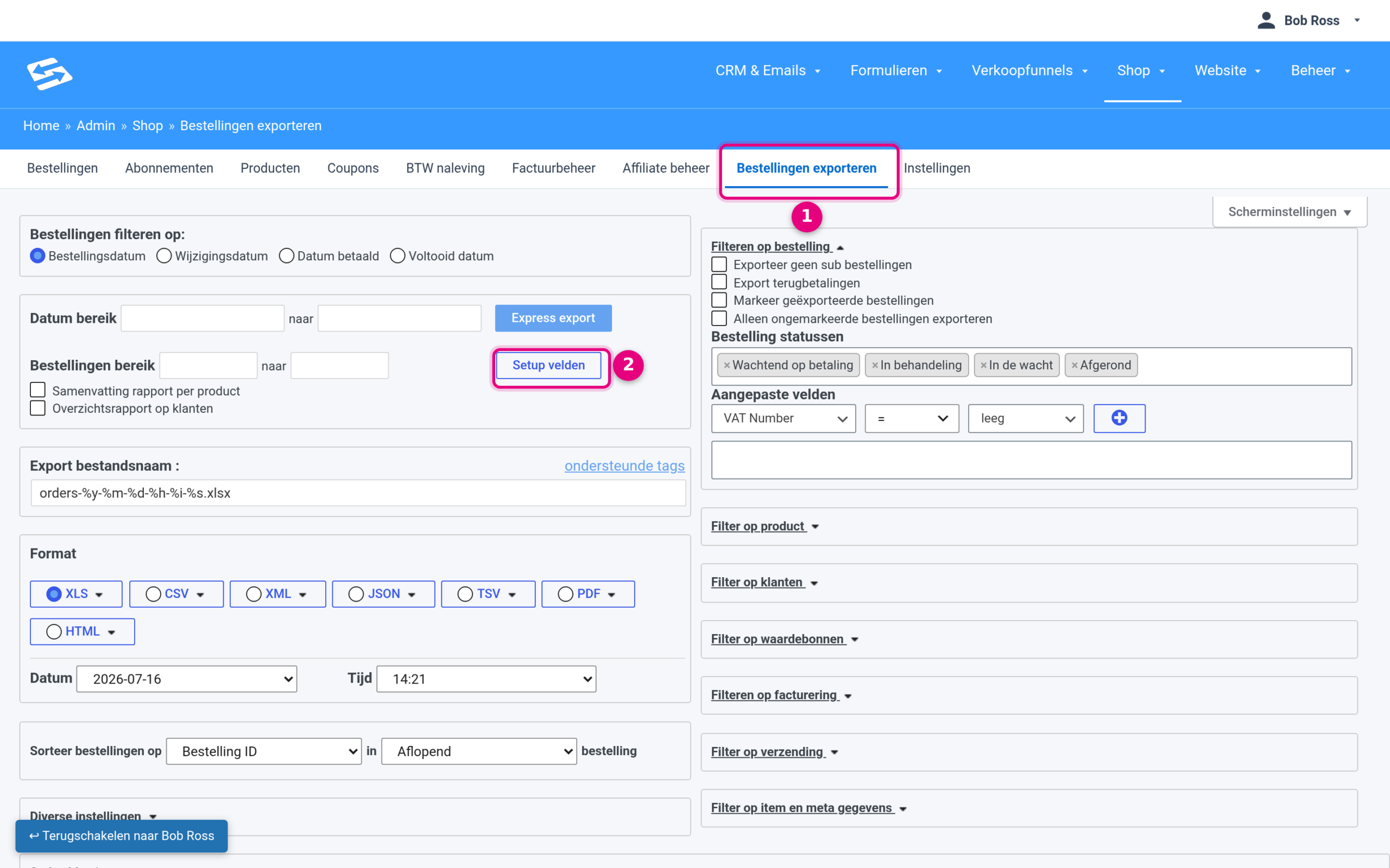 Shop, Export orders with the Set up fields button