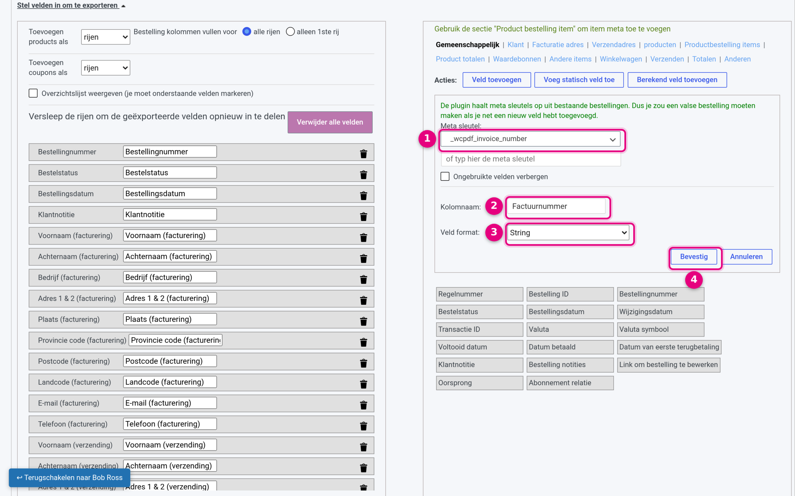 Add field form with meta key _wcpdf_invoice_number, column name Invoice number and field format String