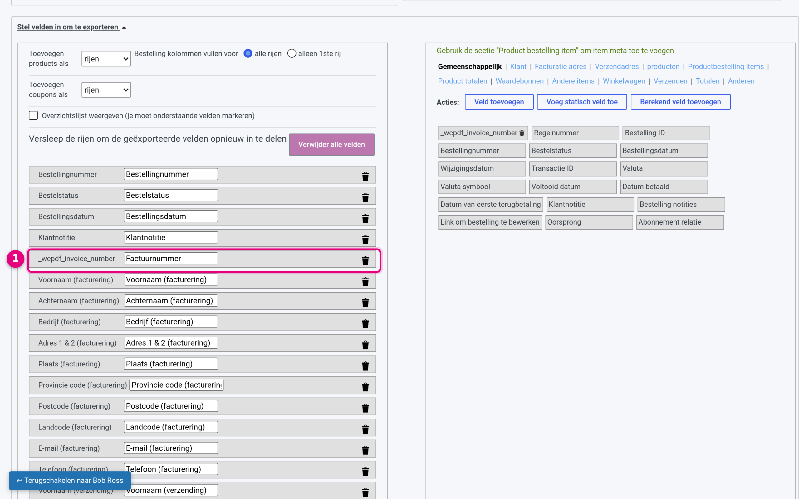 The Invoice number field added to the list of exported fields