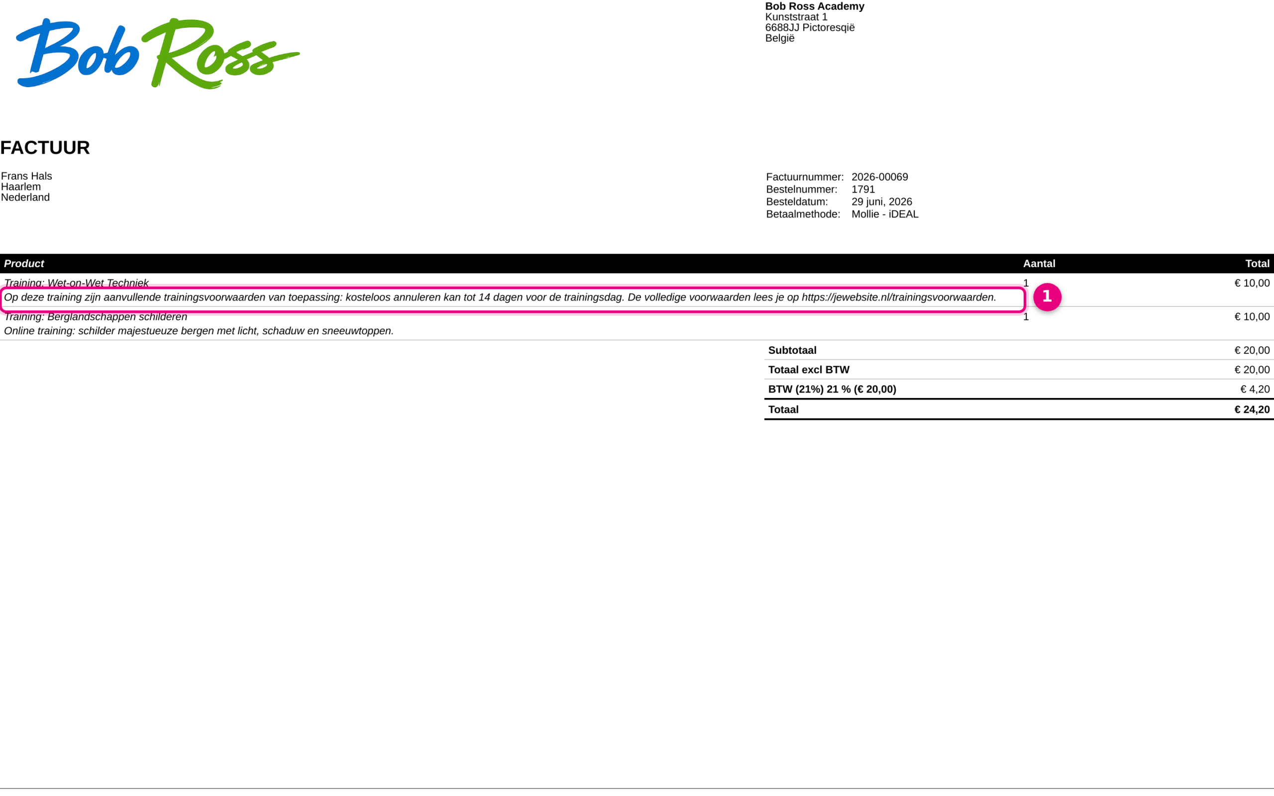 Invoice with a separate text per product below the product name