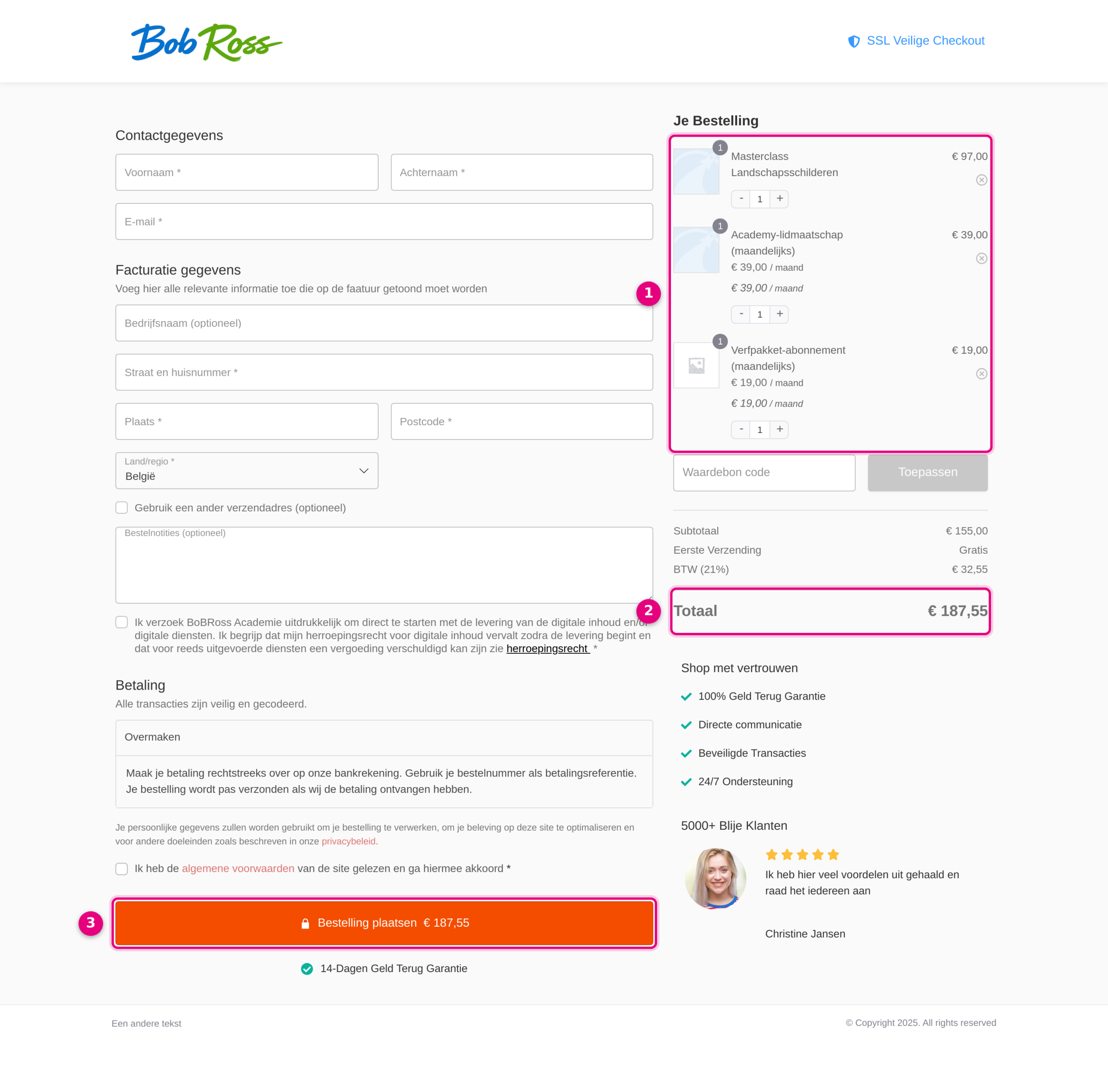 Checkout page with three products in the order summary, one total and one payment button