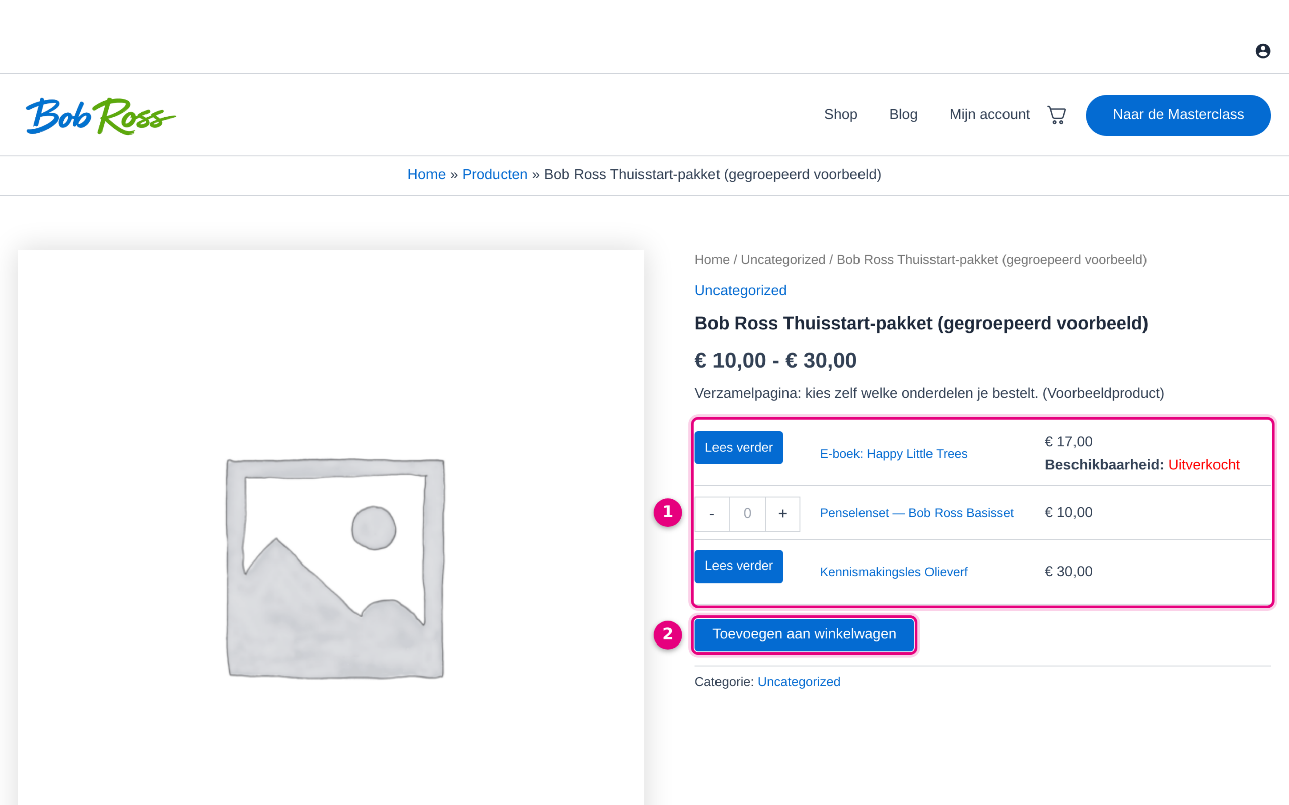 Product page of a grouped product with sub-products and an add to basket button