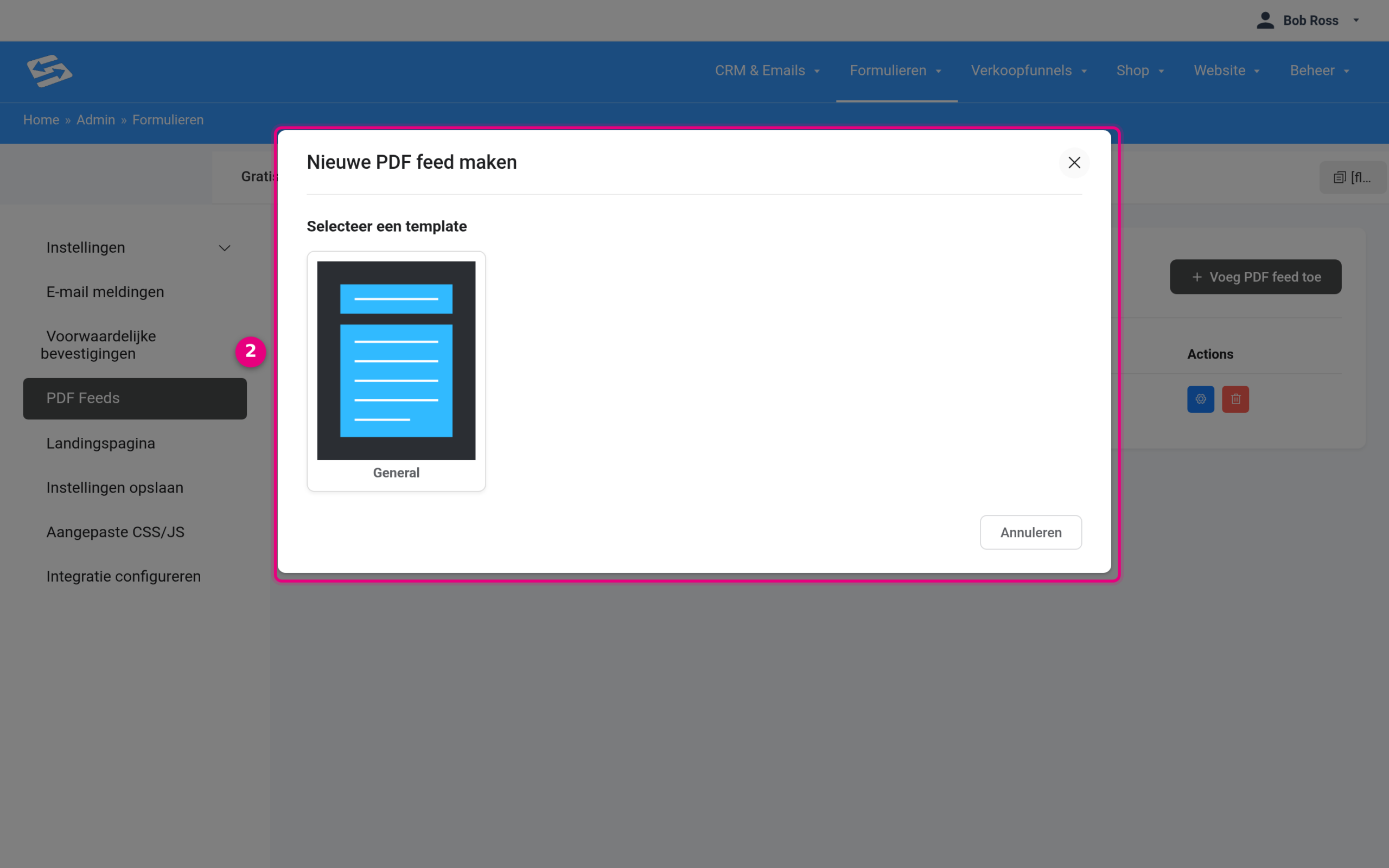 Choosing a template for a new PDF feed