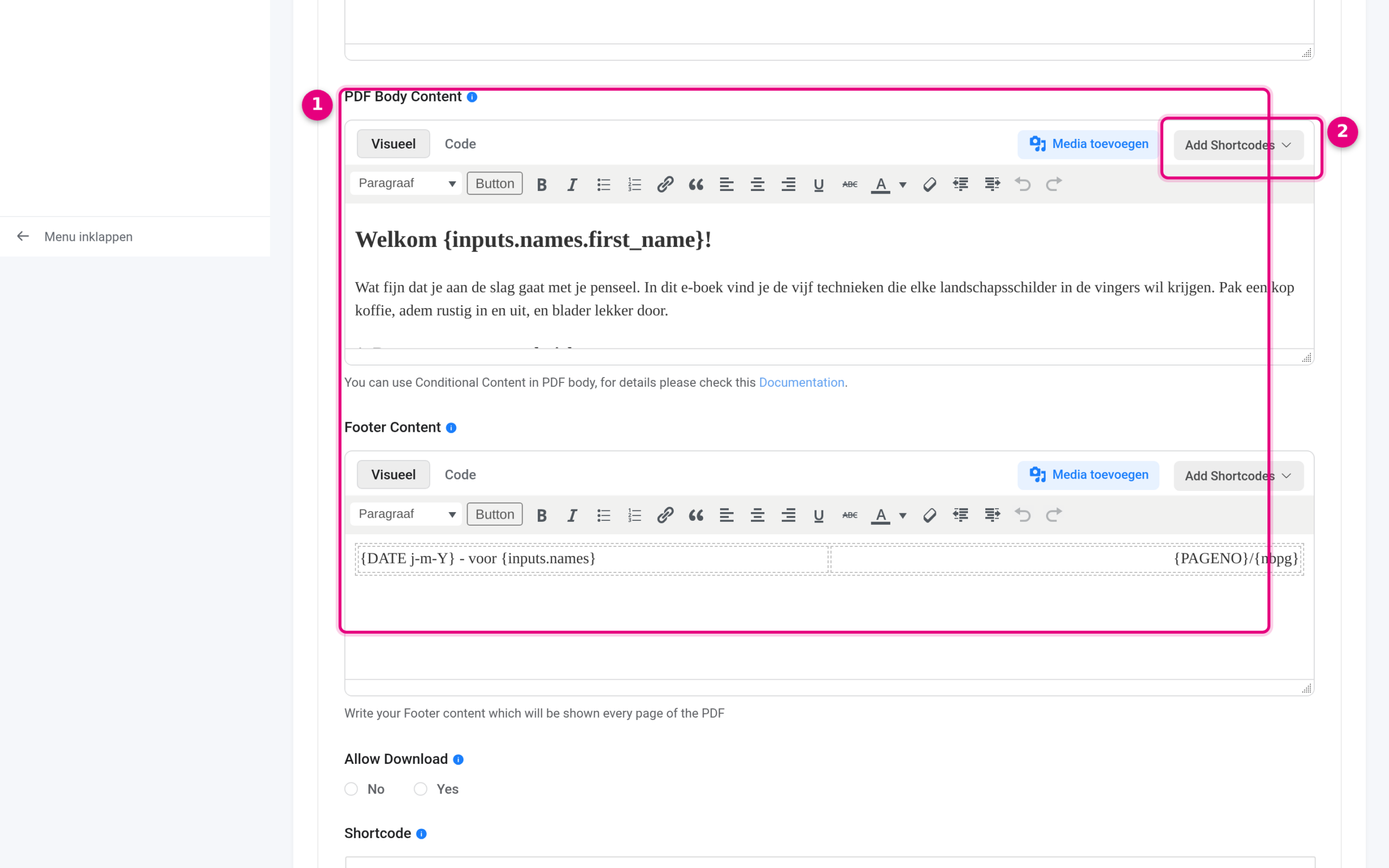 PDF Body Content with shortcodes