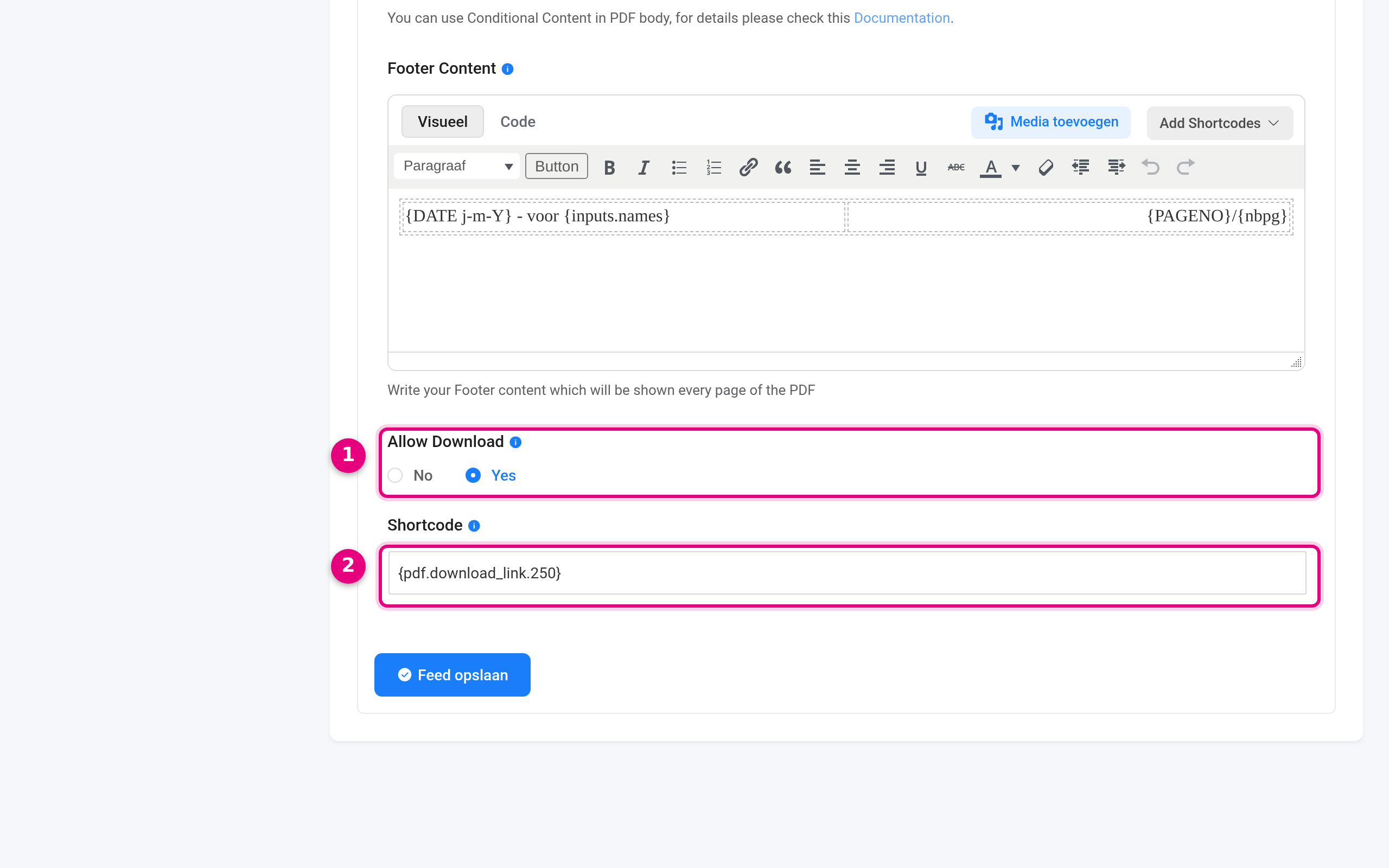 Allow Download and the shortcode of the PDF feed