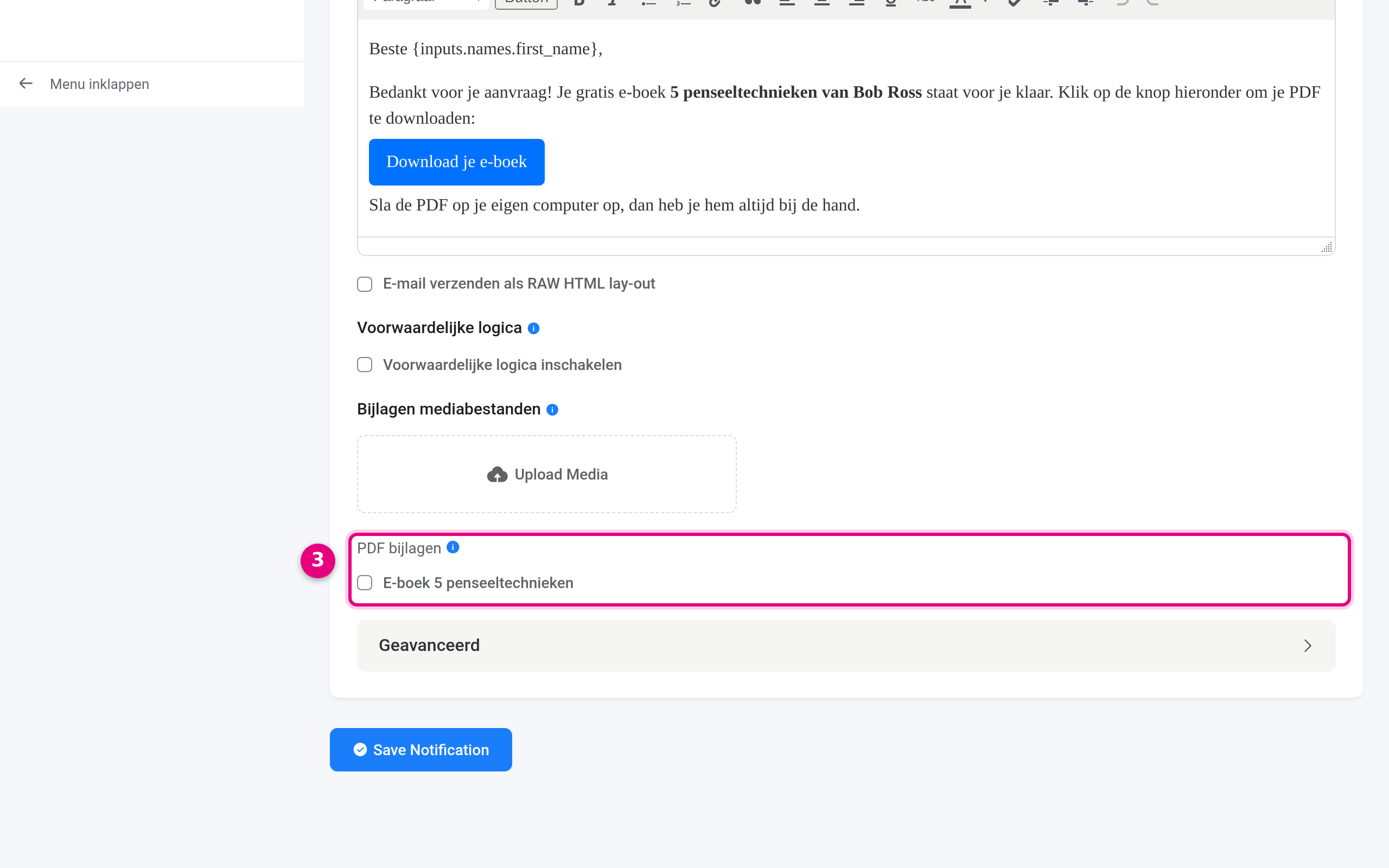 PDF attachments option in the email notification