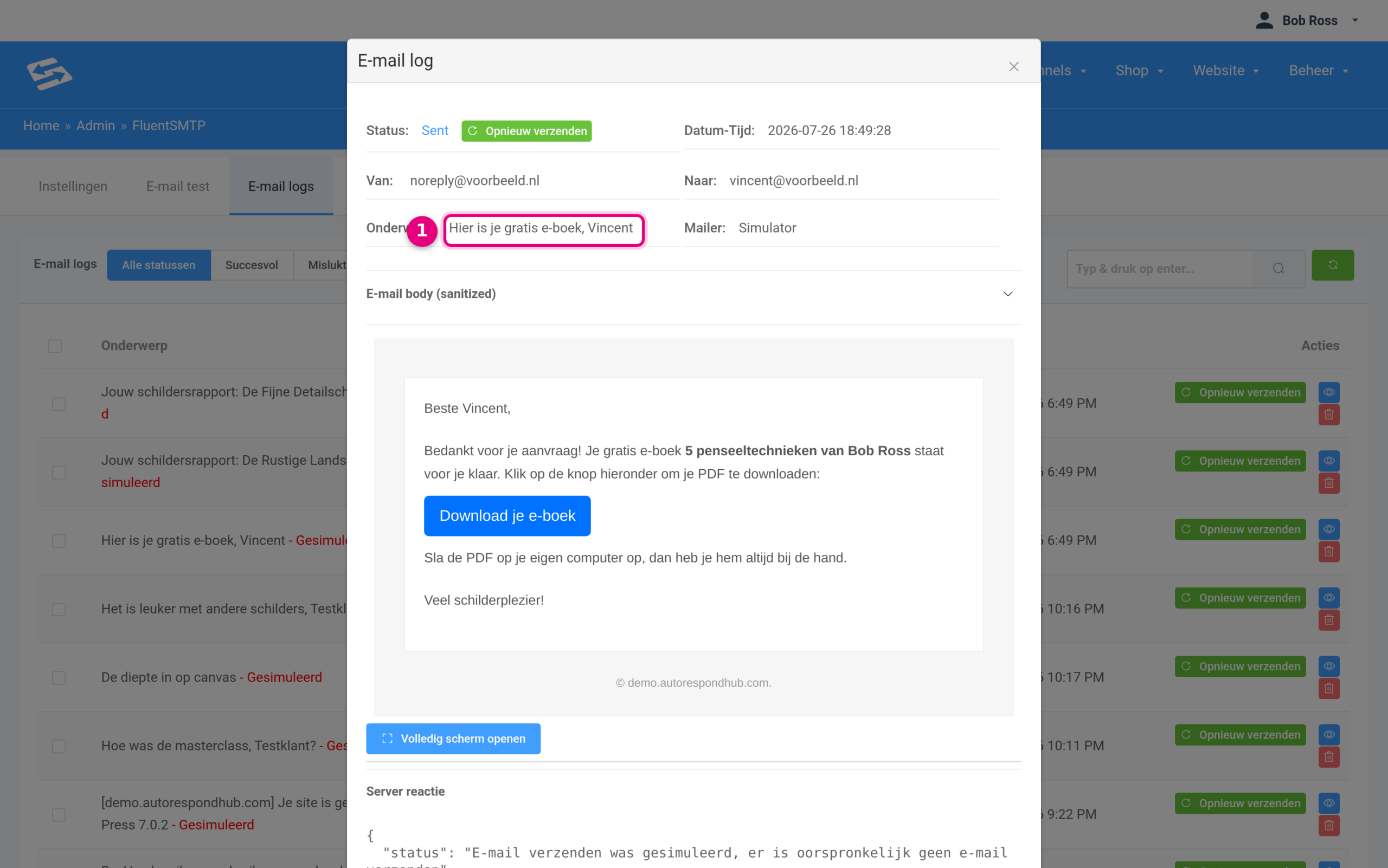 Email log with the confirmation email and the download button