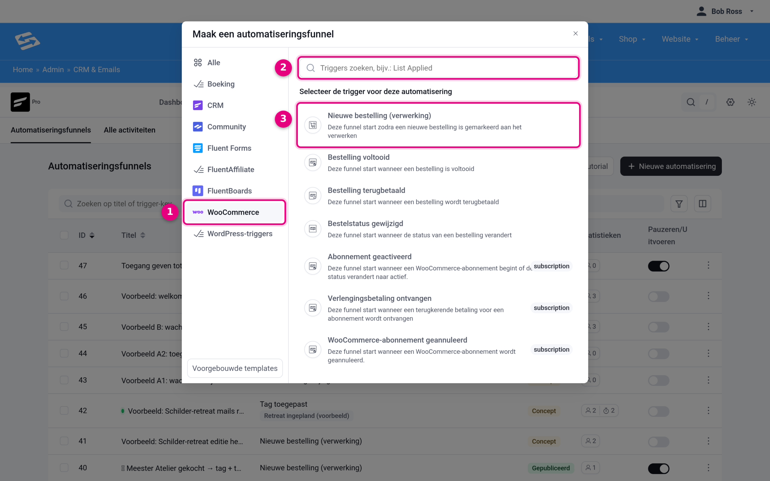 The trigger picker with the WooCommerce category and the trigger New order (processing)