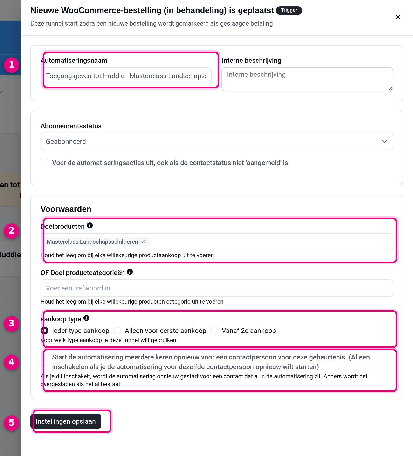The trigger settings with the automation name, the target product, the purchase type and the tick box to run the automation again