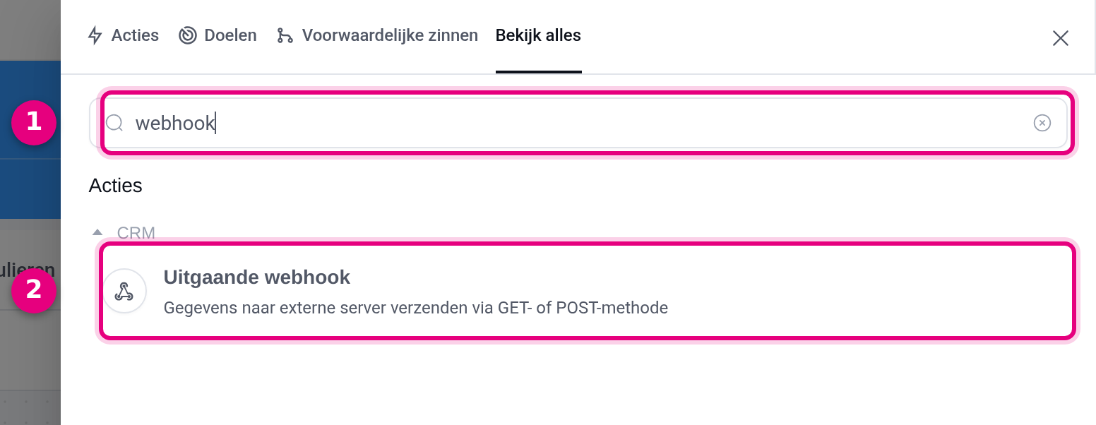 The block picker with the search term webhook and the Outgoing webhook action block