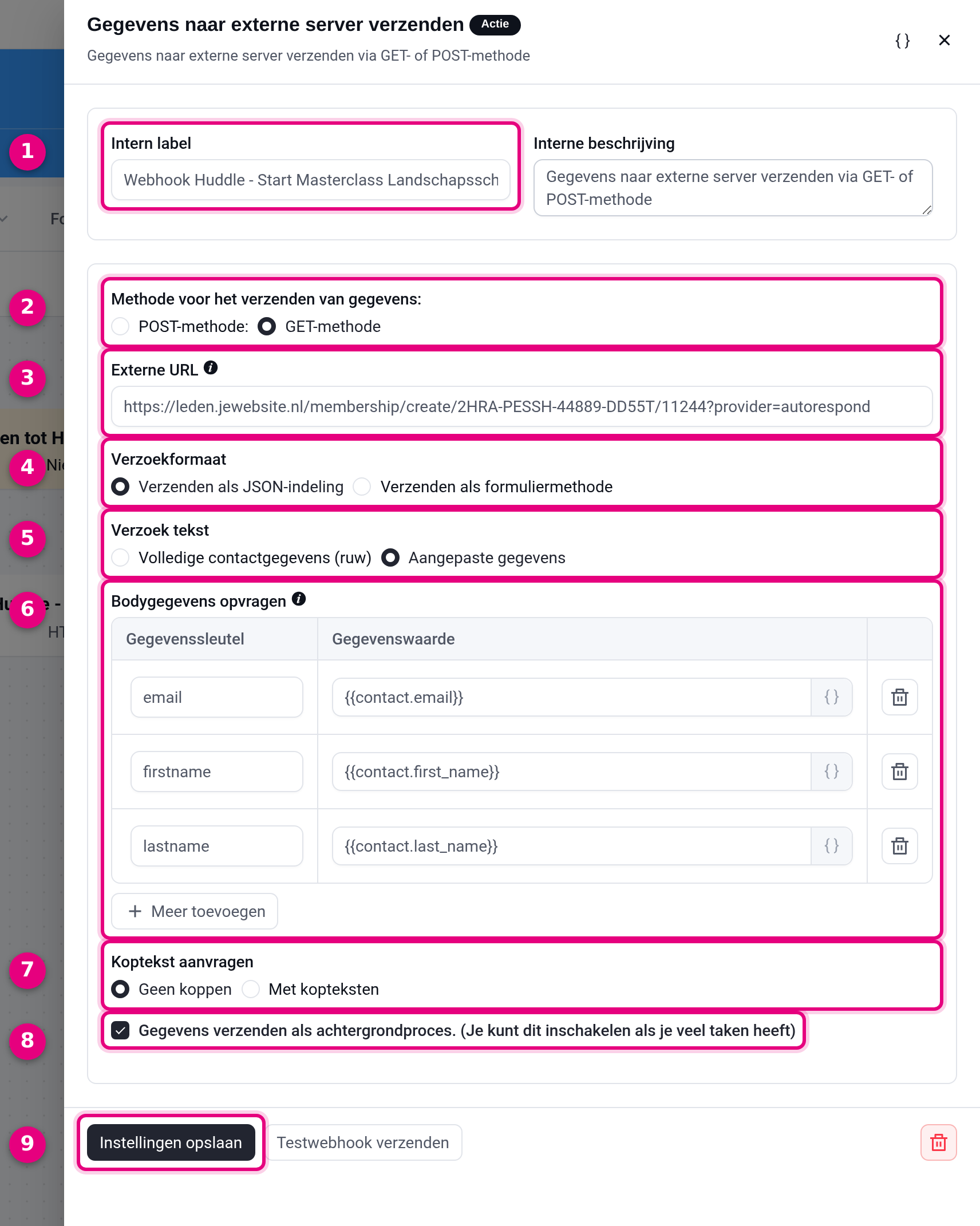 The completed settings screen of the outgoing webhook to Huddle