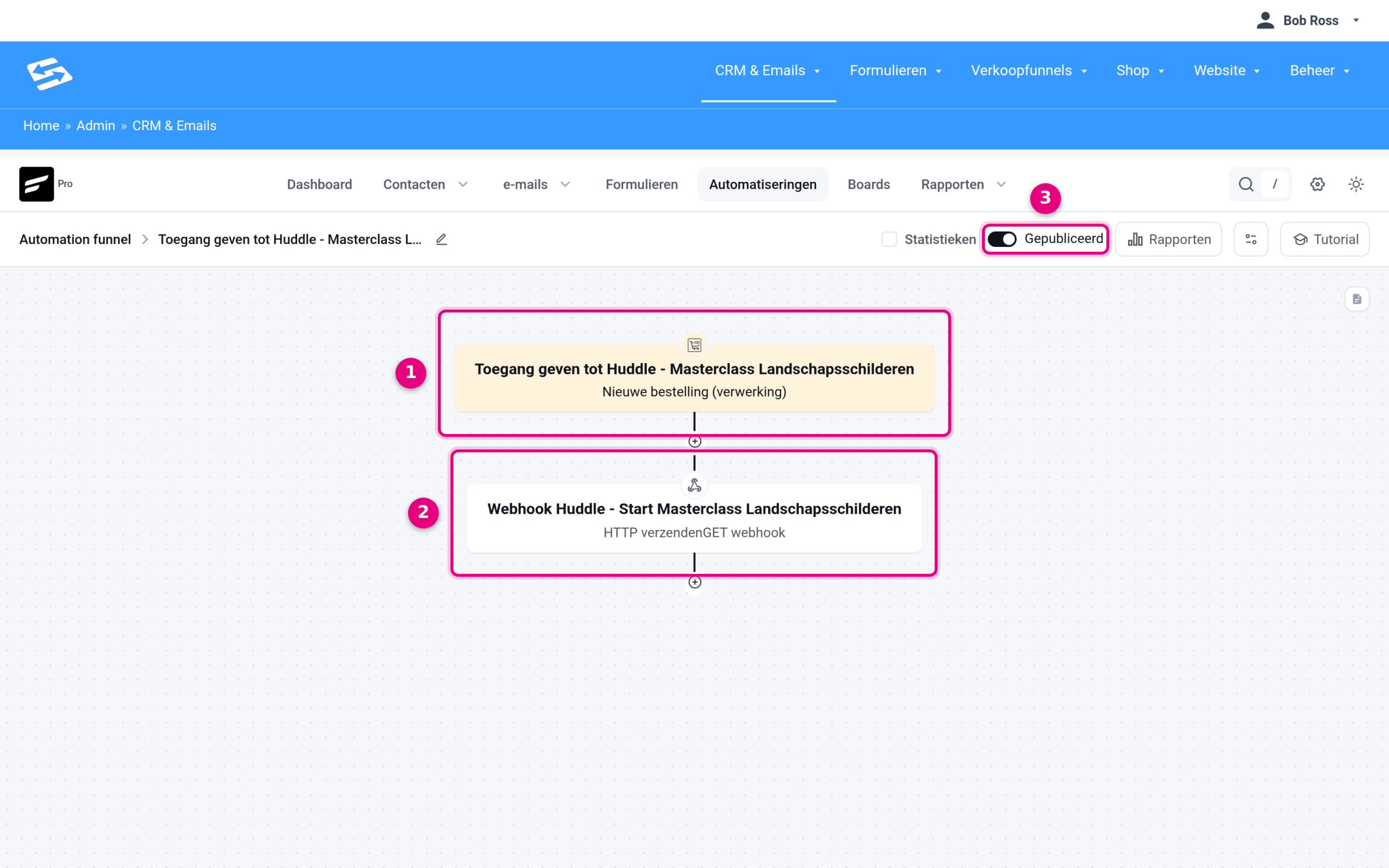 The finished automation with the trigger, the webhook action and the status Published