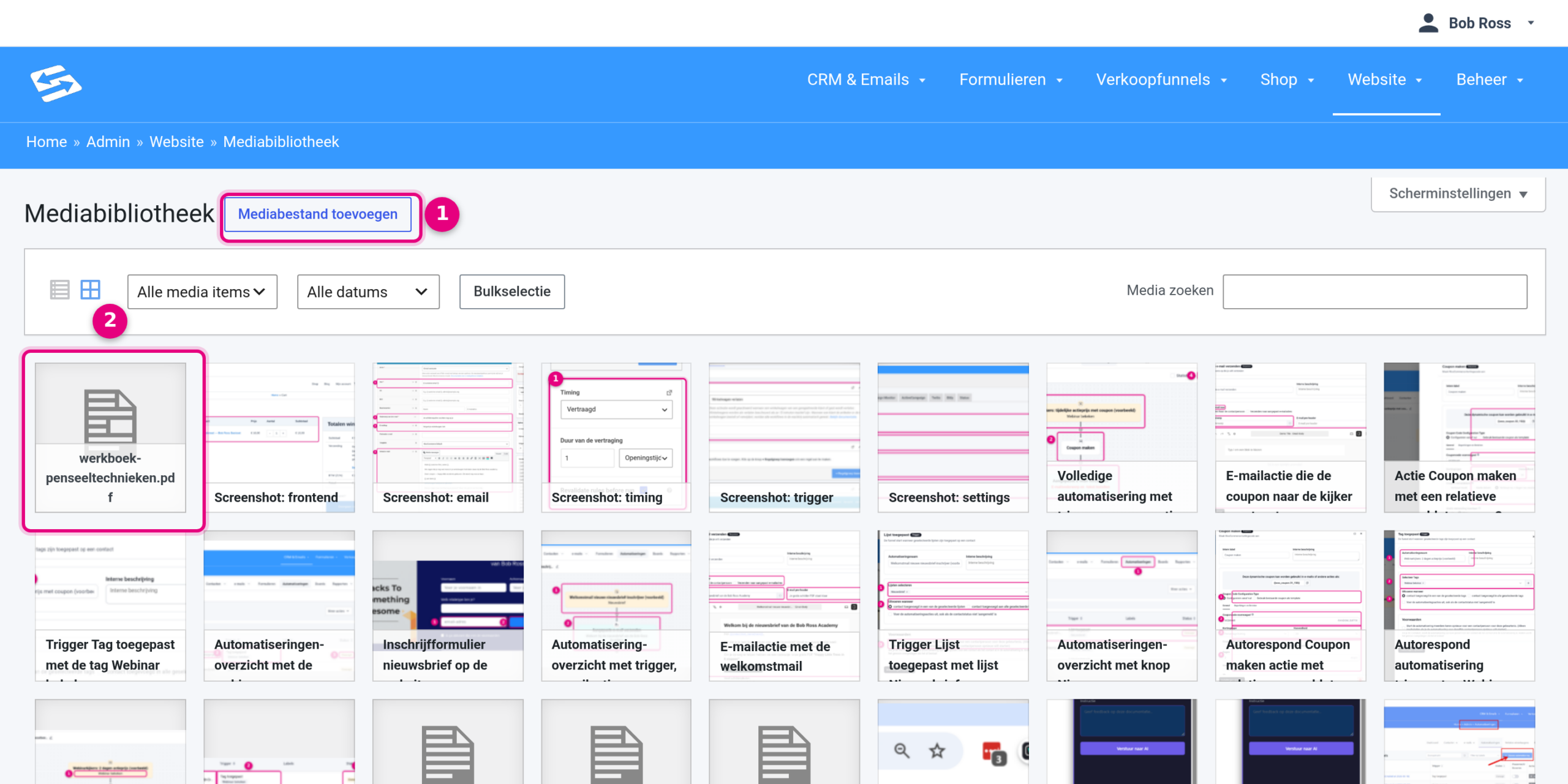 The Media Library with the Add media file button and an uploaded PDF in the overview