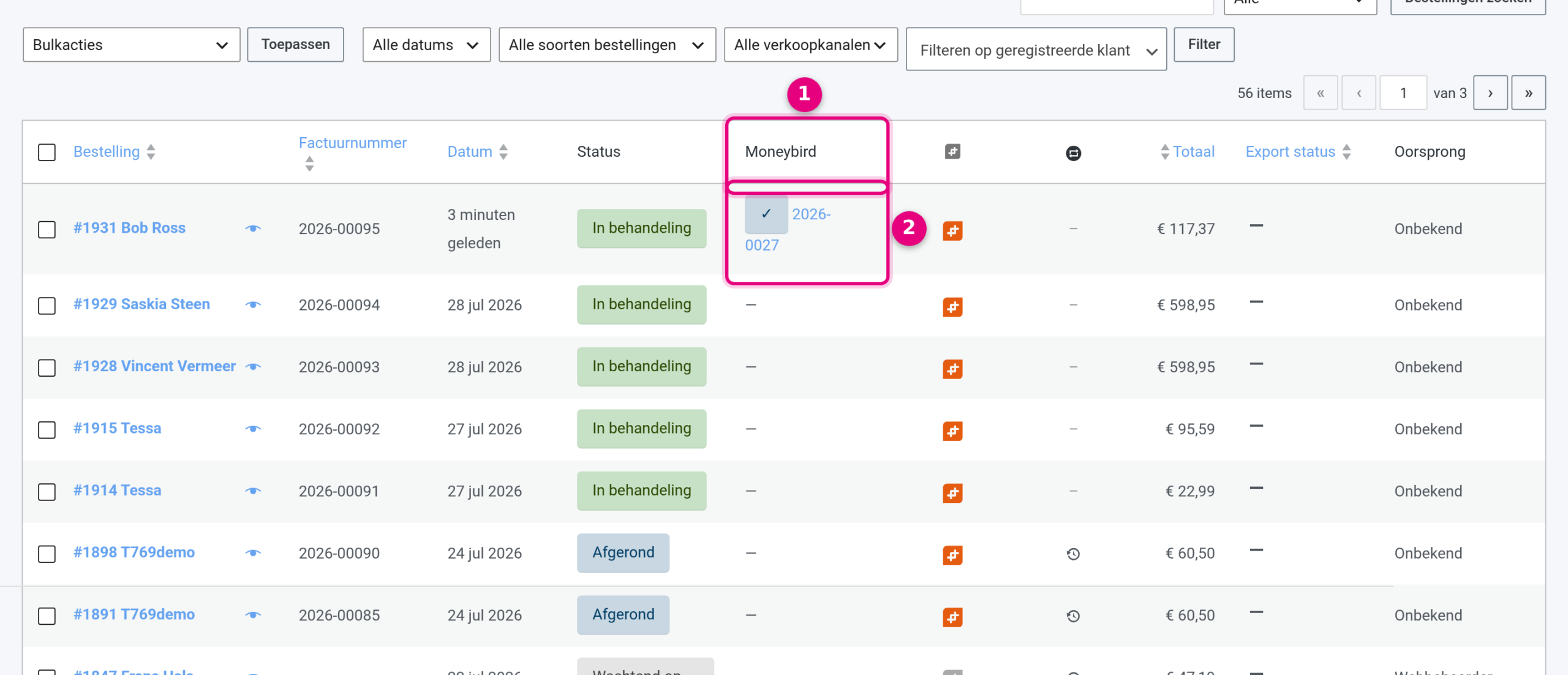 Order overview with the Moneybird column