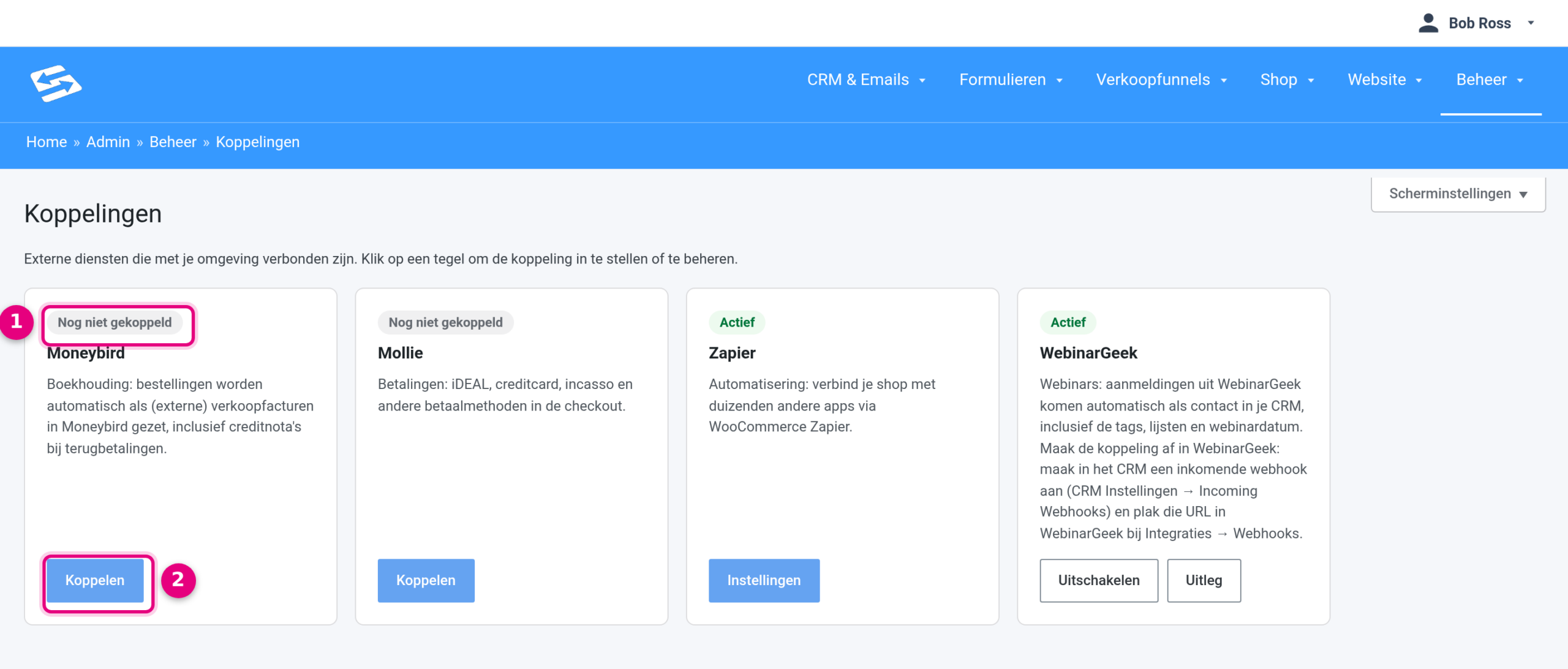 Integrations overview under Administration with the Moneybird tile