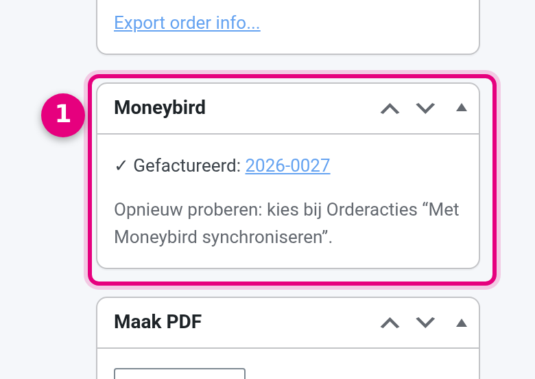Moneybird panel on the order with invoice number