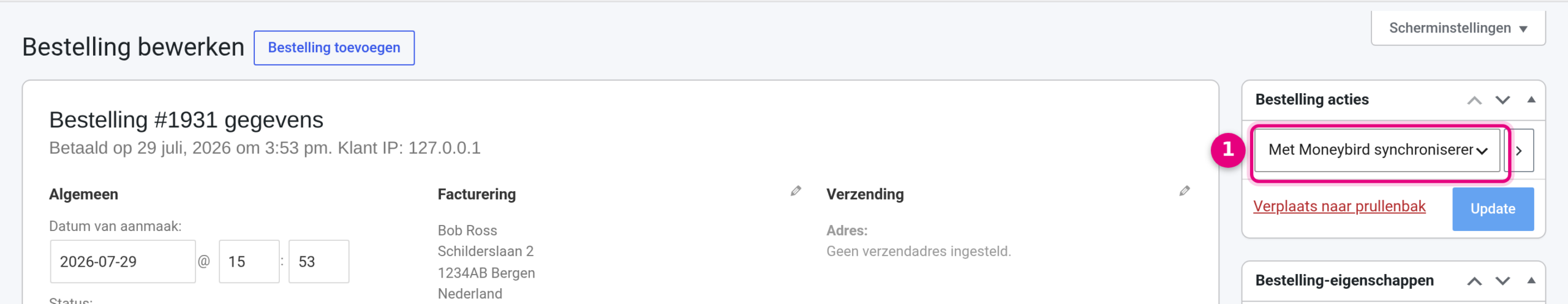 Order action Synchronise with Moneybird