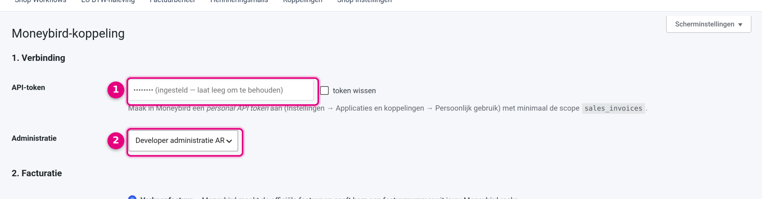 Moneybird settings with API token and administration