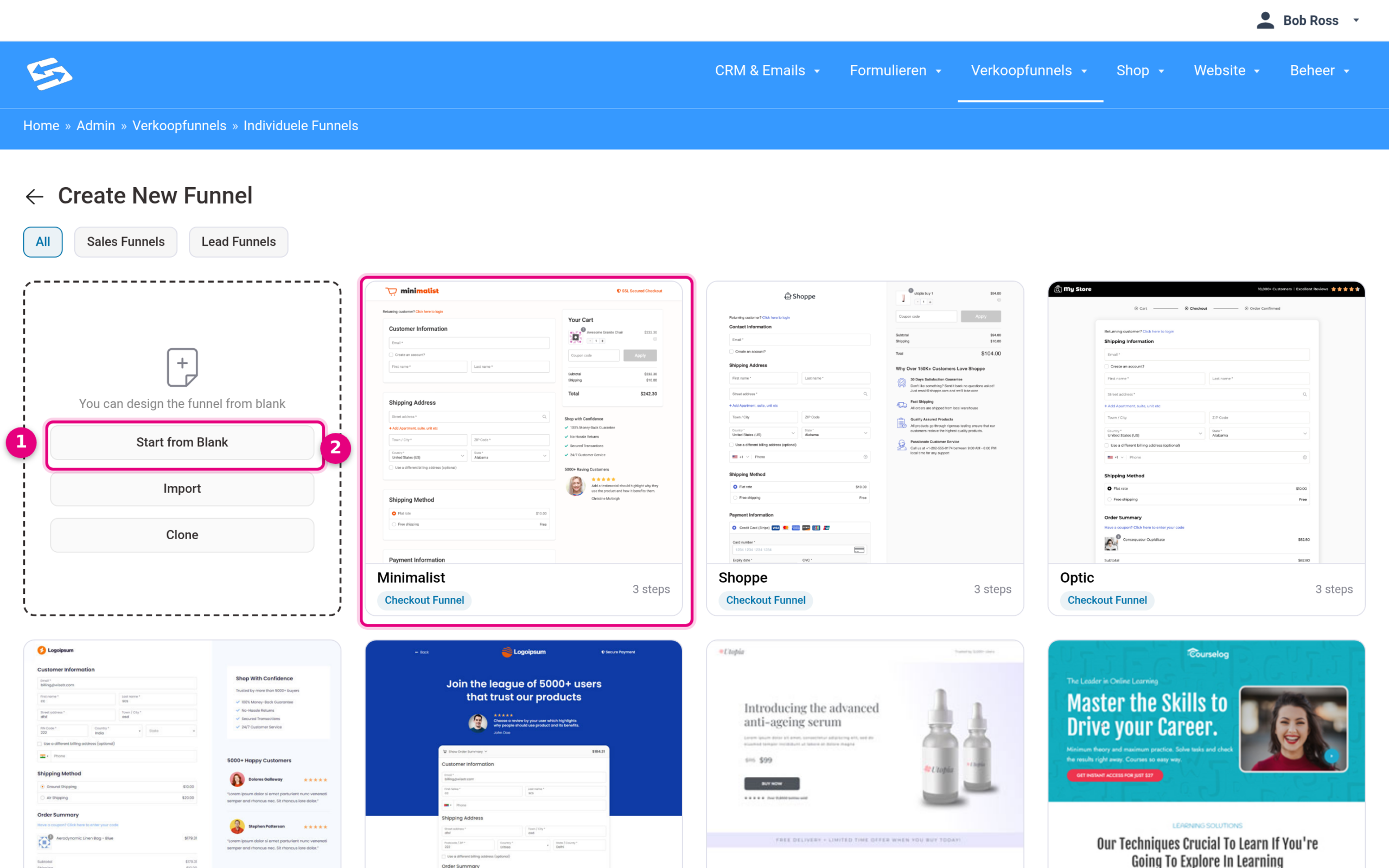 Create New Funnel screen with Start from Blank and ready-made funnel templates