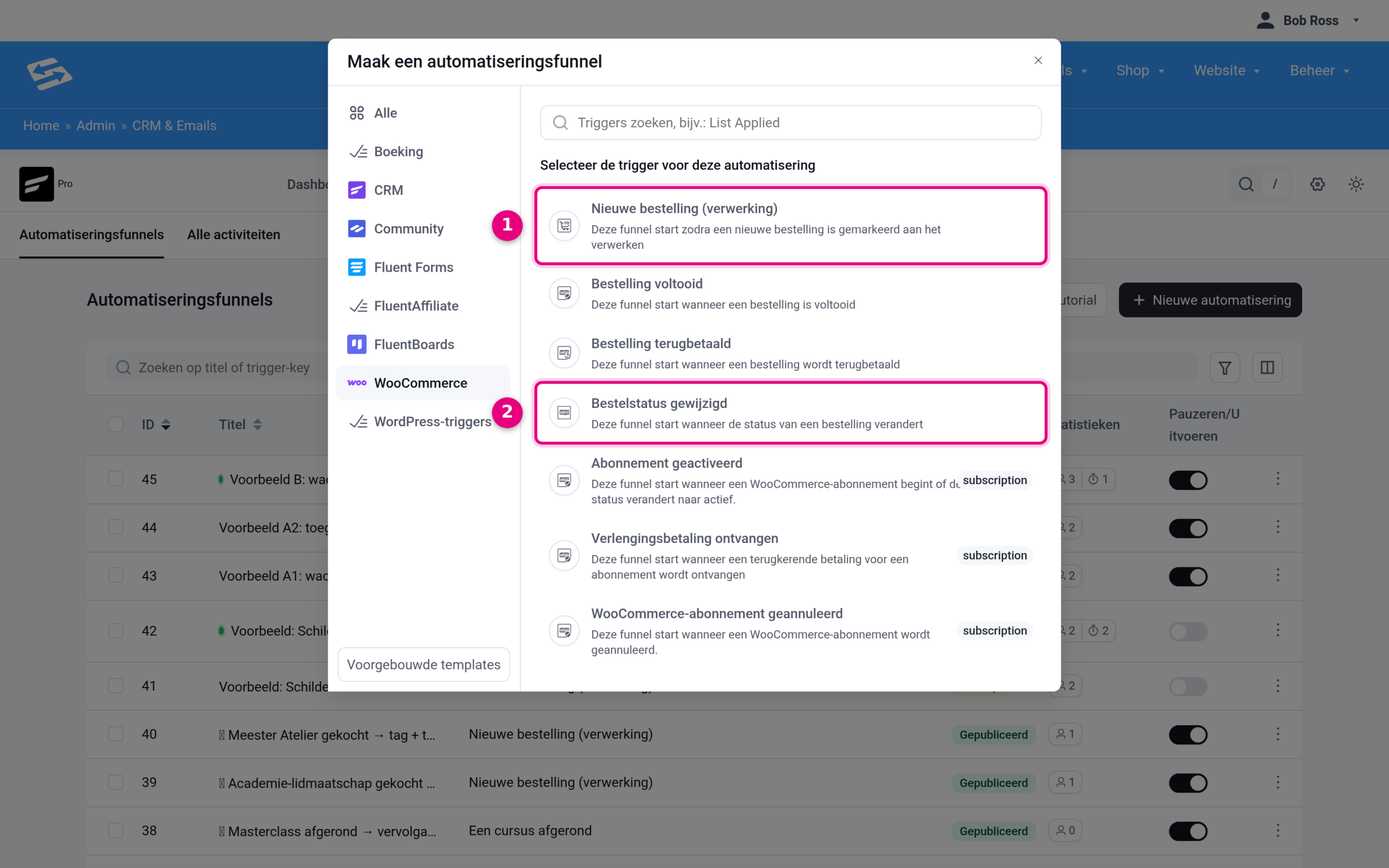 The trigger selection for a new automation, WooCommerce category.