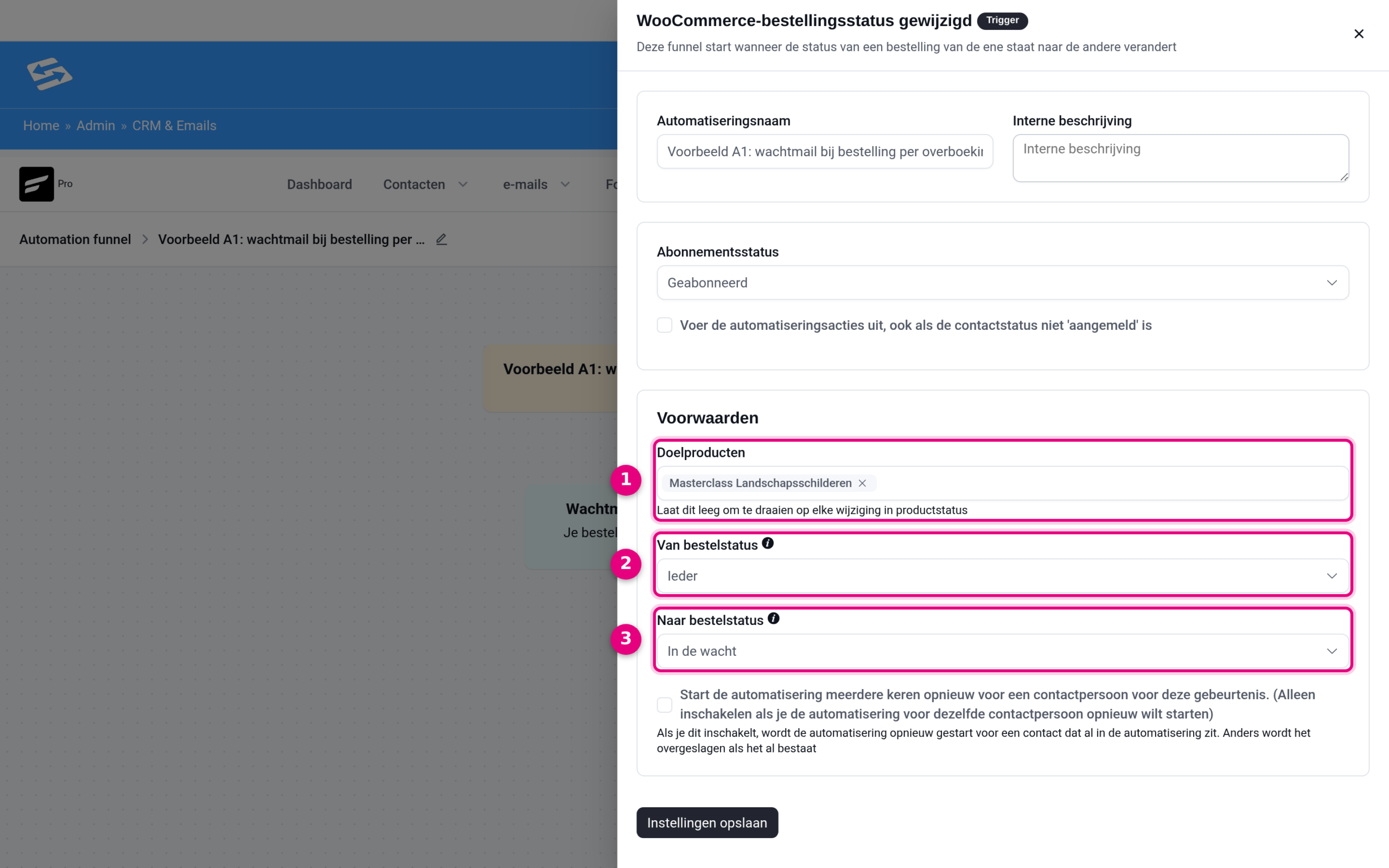 The trigger settings of the holding email automation: To order status is set to On hold.