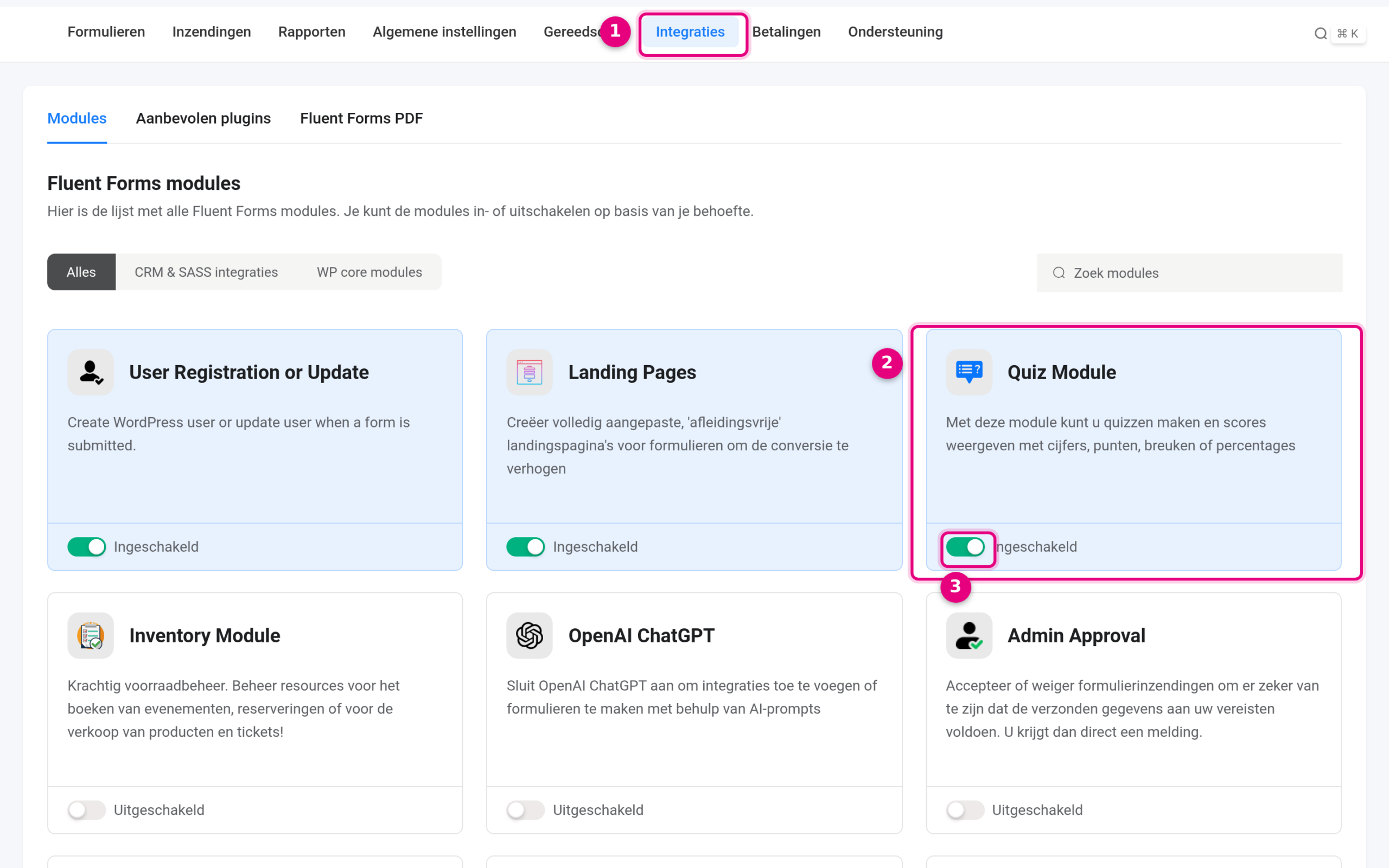 Switching on the Quiz Module on the Modules page