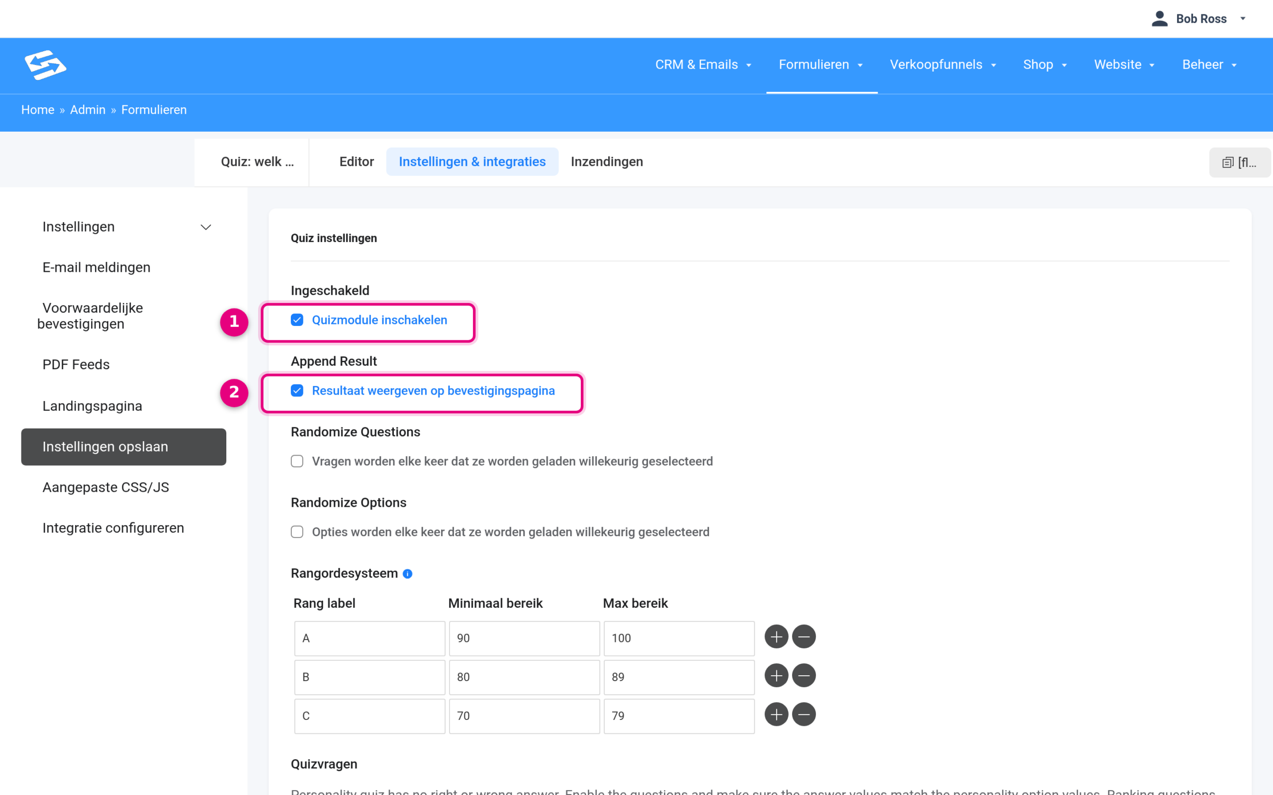 Quiz settings of the form