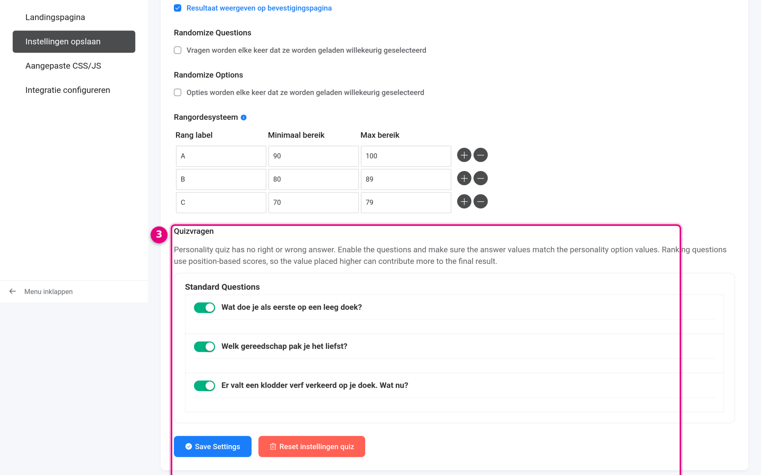Switching on quiz questions in the Quiz settings